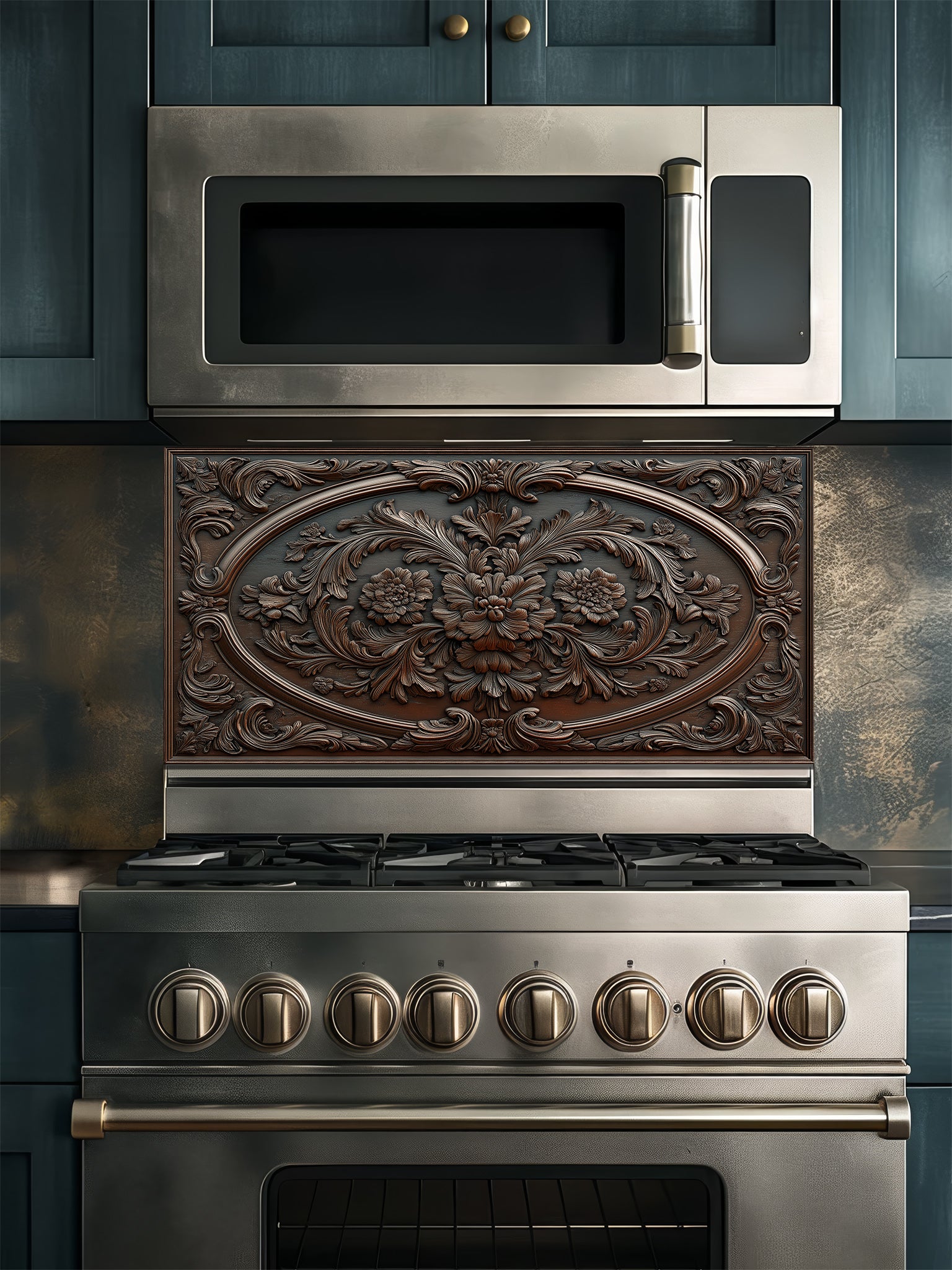 Faux 3D effect dark wood carved floral pattern in an ornate baroque frame, UV printed on a smooth tempered glass kitchen backsplash, installed behind a modern stove.