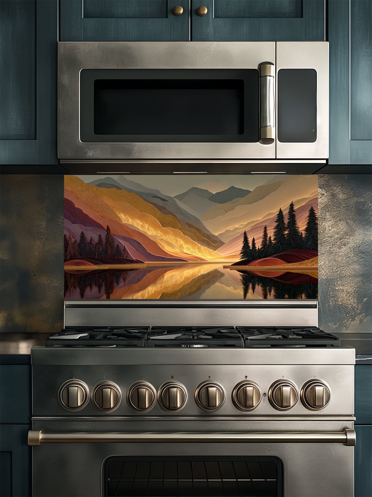 Tempered glass kitchen backsplash featuring a highly realistic 3D illusion of a textured mountain landscape at sunset, showcasing glowing golden peaks, dark pine trees, and a calm lake reflection in rich burgundy and amber tones, installed behind a modern black stove.