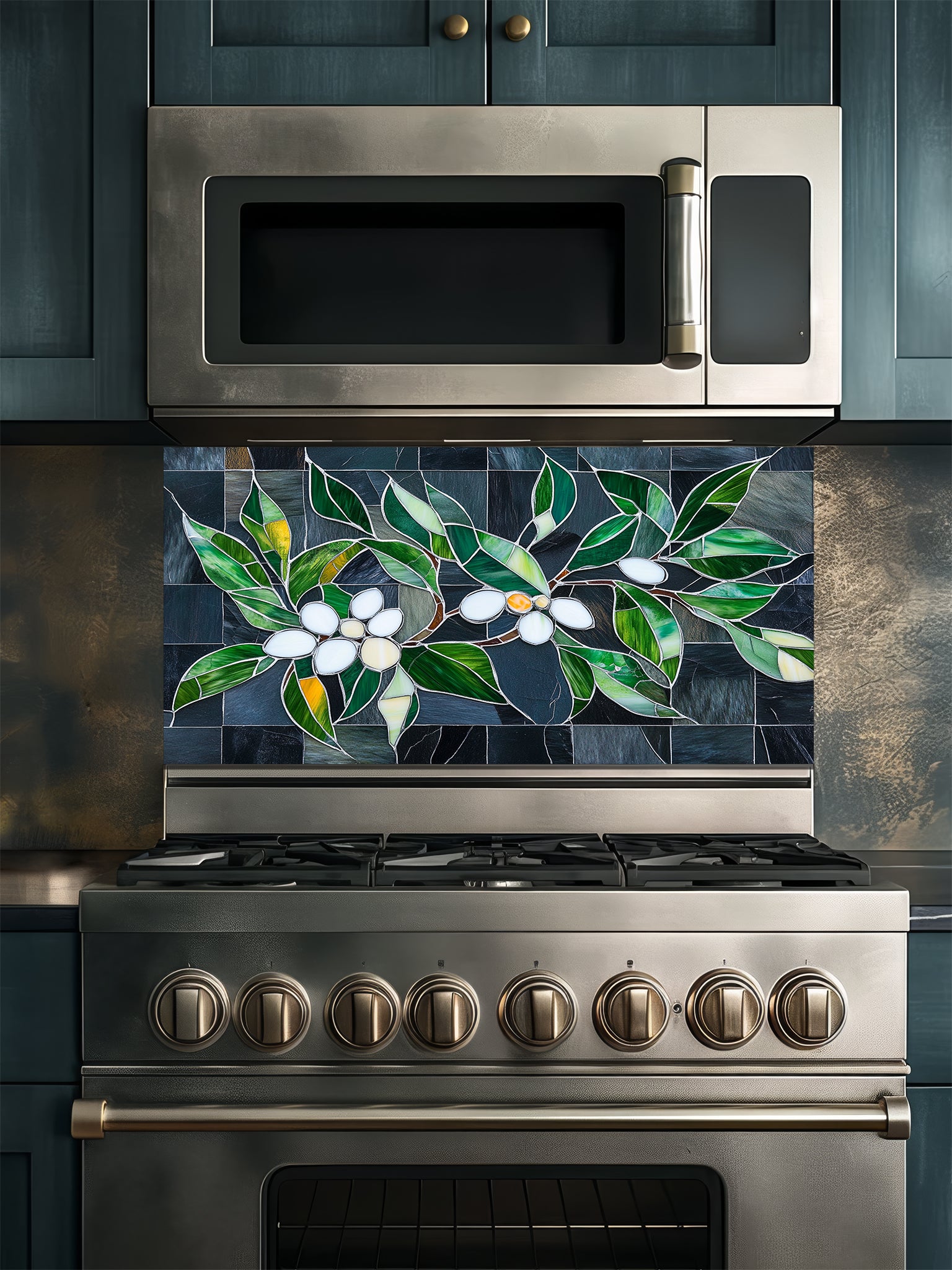 Tempered glass kitchen backsplash featuring a highly realistic 3D illusion of stained glass white blossoms and emerald green leaves integrated into a background of dark charcoal grey textured slate tiles, installed behind a modern black stove.