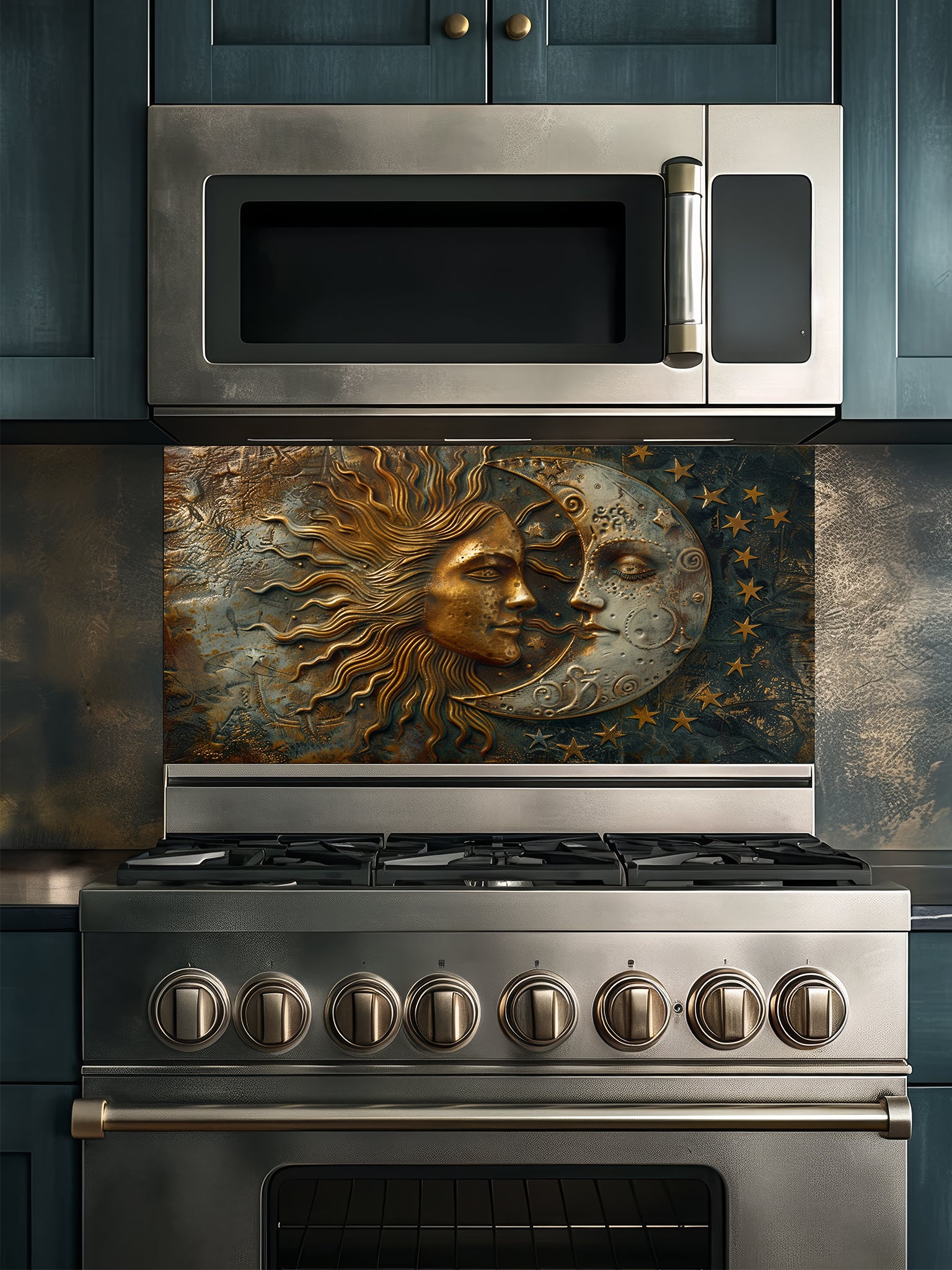 Tempered glass kitchen backsplash featuring a highly realistic 3D faux metal design of a celestial sun and moon with stars in antique bronze, gold, and oxidized silver tones, installed behind a modern stainless steel stove.