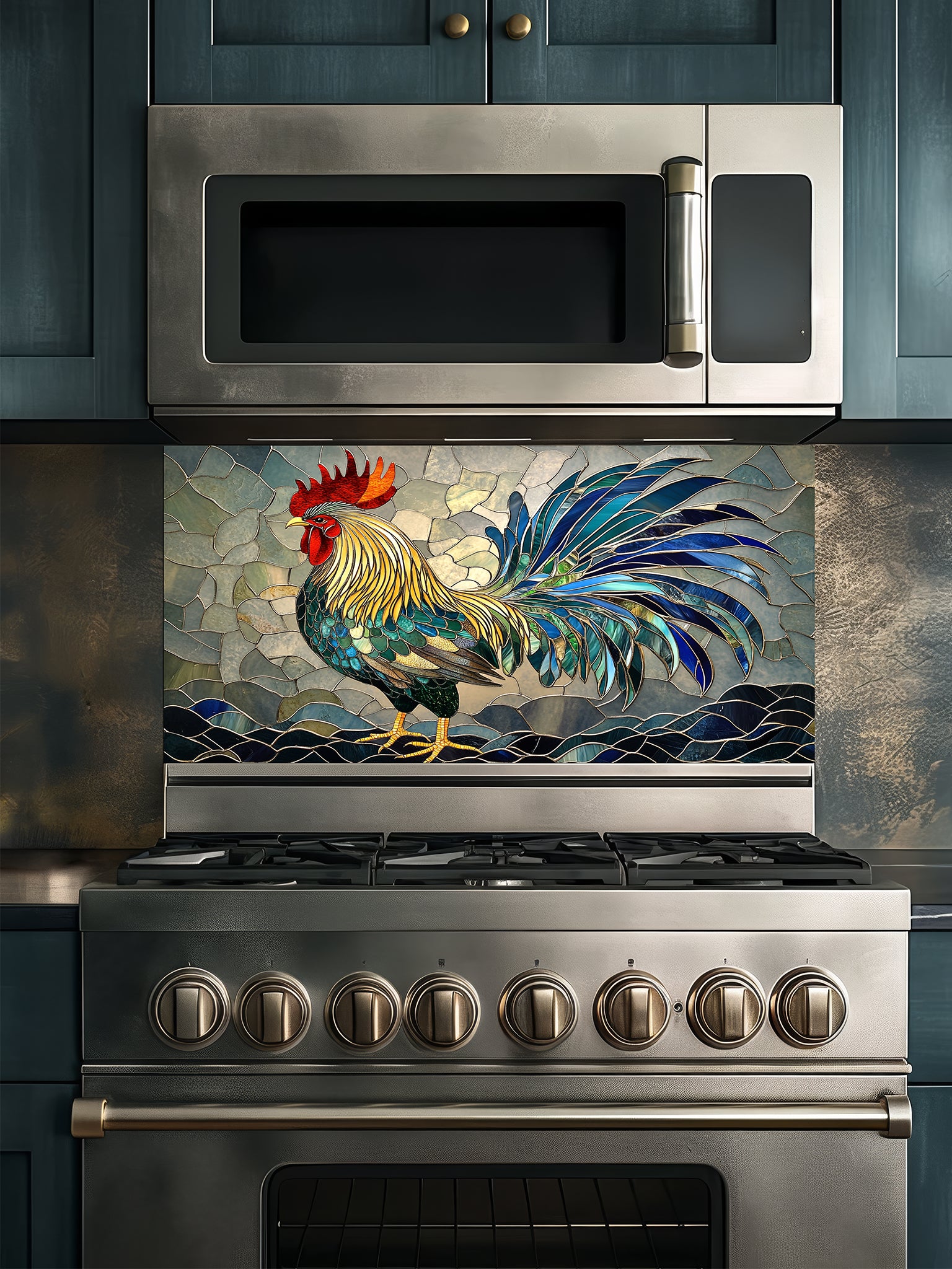 Tempered glass kitchen backsplash featuring a vibrant faux stained glass design of a majestic rooster in rich blues, greens, yellows, and reds, installed behind a modern stainless steel stove.