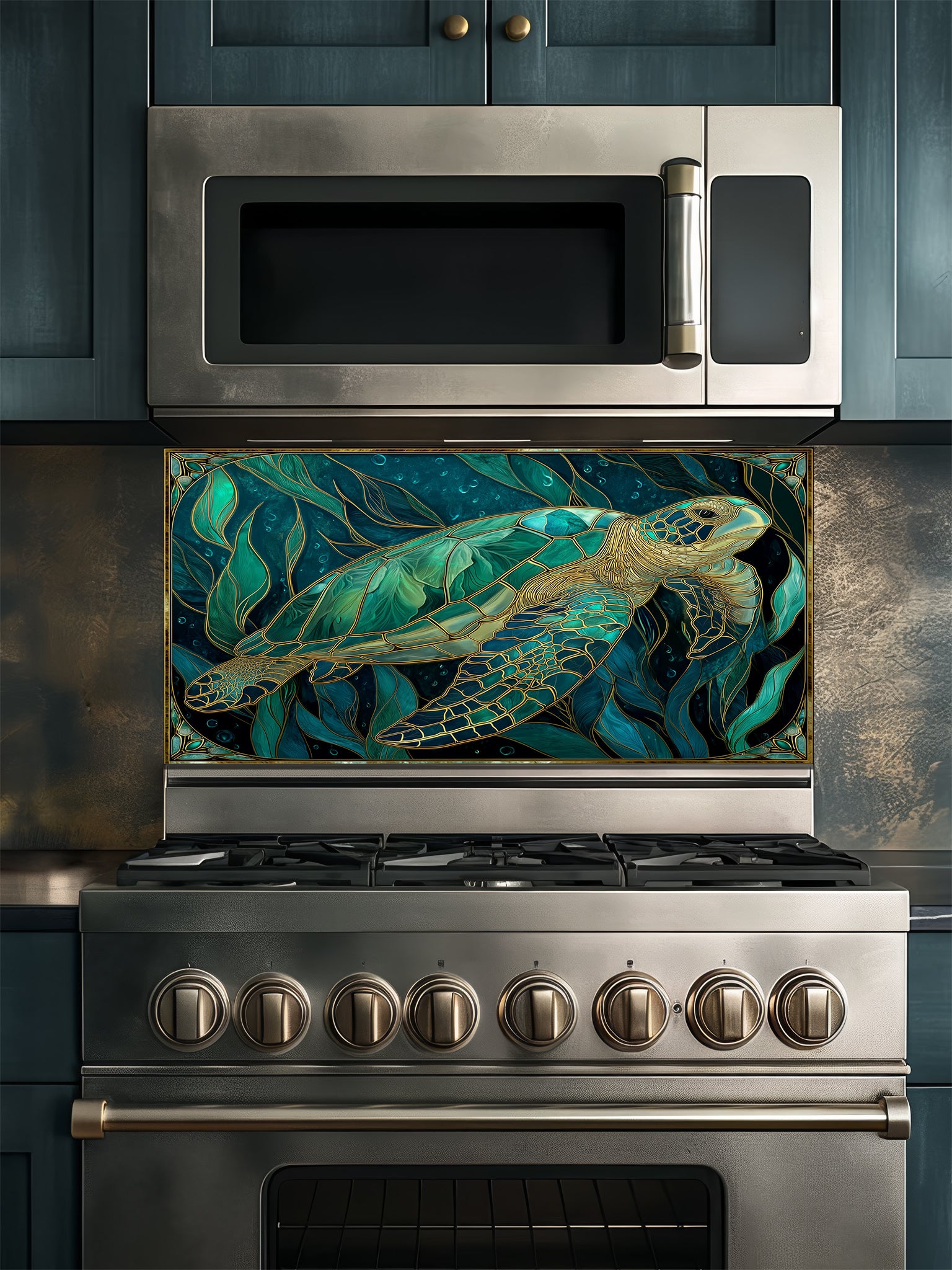 Tempered glass kitchen backsplash featuring a highly realistic 3D illusion of Art Nouveau stained glass showing a graceful sea turtle swimming among flowing teal and emerald underwater botanicals outlined in gold, installed behind a modern stainless steel stove.