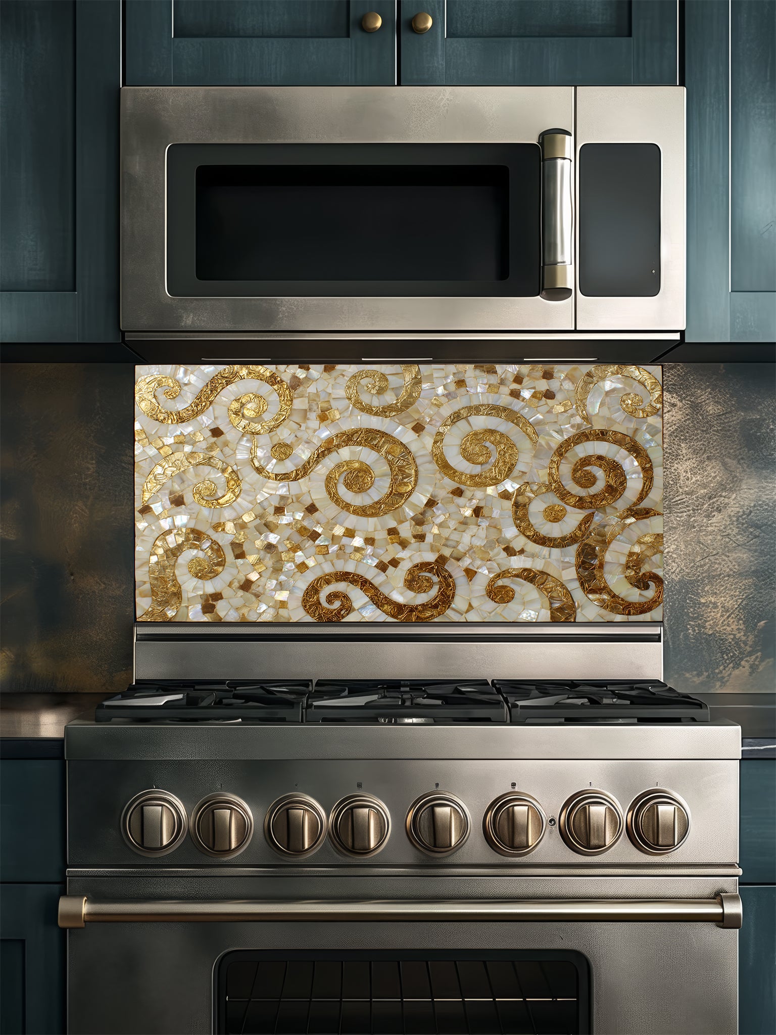 Faux 3D mosaic tile pattern featuring elegant gold swirls on an iridescent mother-of-pearl background, UV printed on a smooth tempered glass kitchen backsplash.
