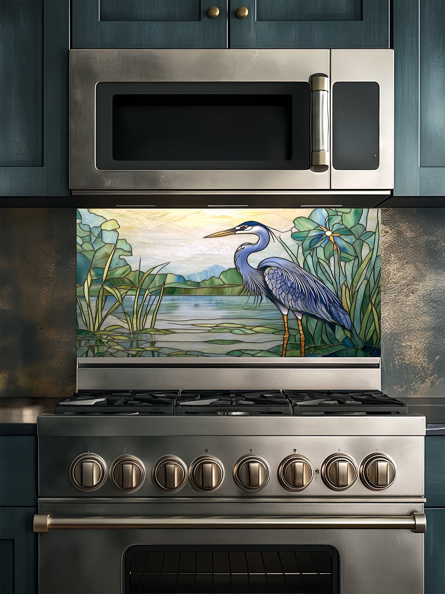 Tempered glass kitchen backsplash featuring a bright faux stained glass design of a majestic blue heron standing among lily pads against a glowing sunrise and mountain landscape, installed behind a modern stainless steel stove.