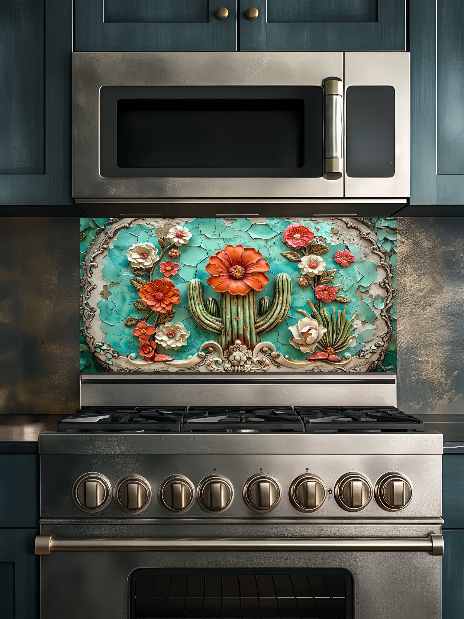 Faux 3D effect embossed blooming cactus with orange flowers on vintage cracked turquoise tiles, UV printed on a smooth tempered glass kitchen backsplash, installed behind a modern stove.