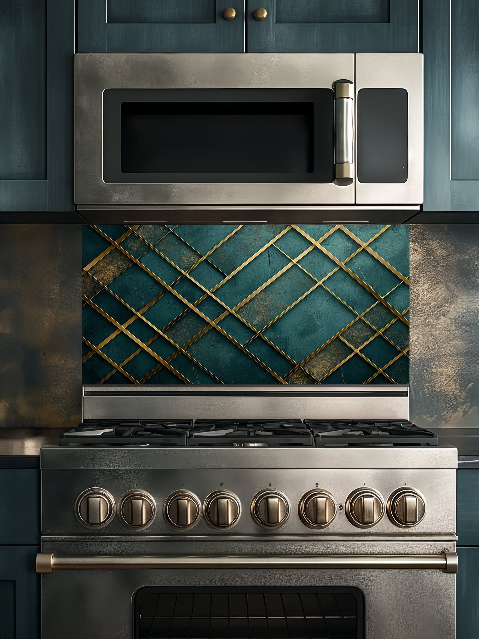 Tempered glass kitchen backsplash featuring a highly realistic 3D illusion of a textured emerald green and teal background crossed by elegant, abstract metallic gold geometric lines, installed behind a modern black stove.