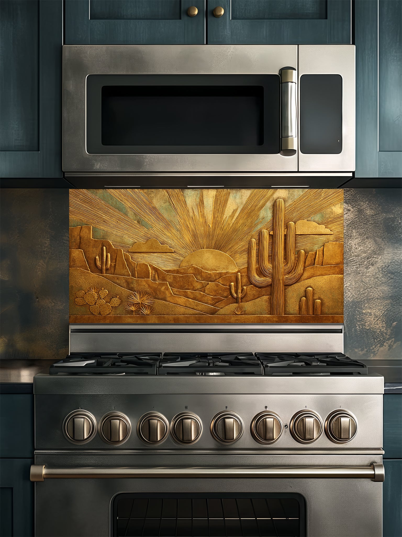 Faux 3D sculpted bronze and brass relief of a desert landscape with saguaro cacti and a radiant sunburst, UV printed on a smooth tempered glass kitchen backsplash.