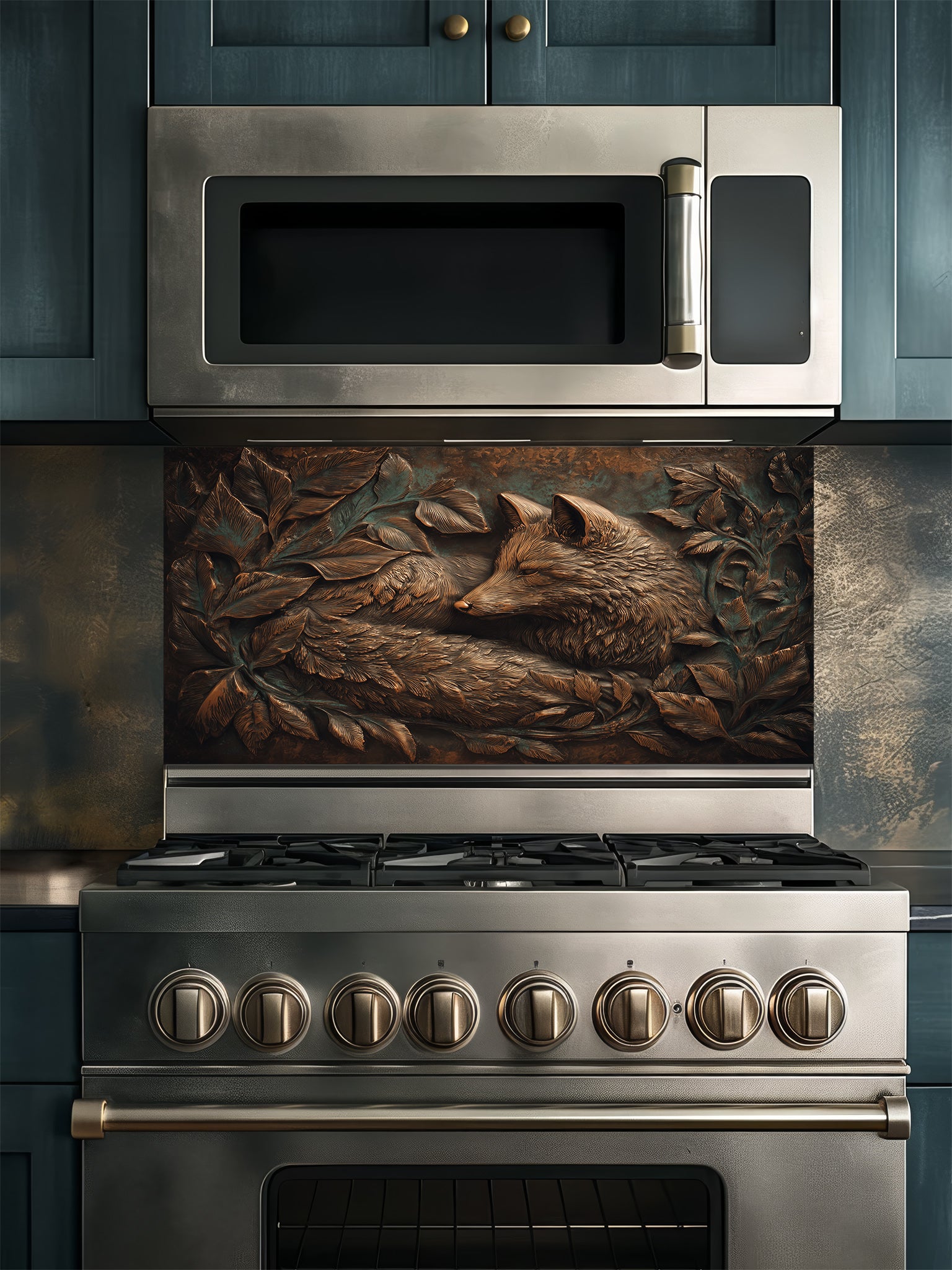 A sleek kitchen featuring a tempered glass backsplash with a highly realistic 3D illusion of an antique copper embossed fox resting among leaves, installed behind a modern stainless steel stove.
