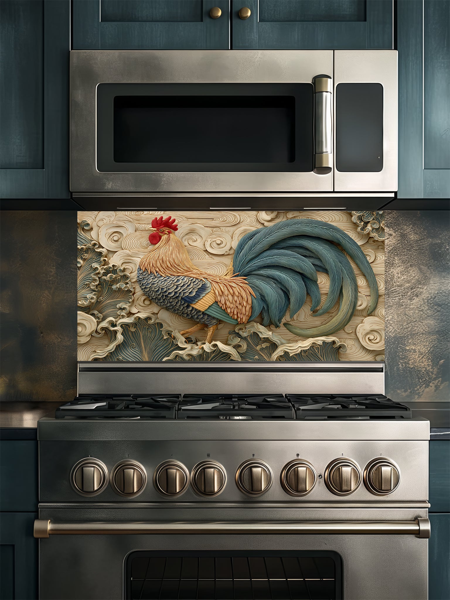 Tempered glass kitchen backsplash featuring a highly realistic 3D illusion of an intricately carved bas-relief sculpture showing a proud rooster with teal and amber feathers against a dynamic background of flowing, stylized swirling clouds and wind motifs in warm cream tones, installed behind a modern black stove.