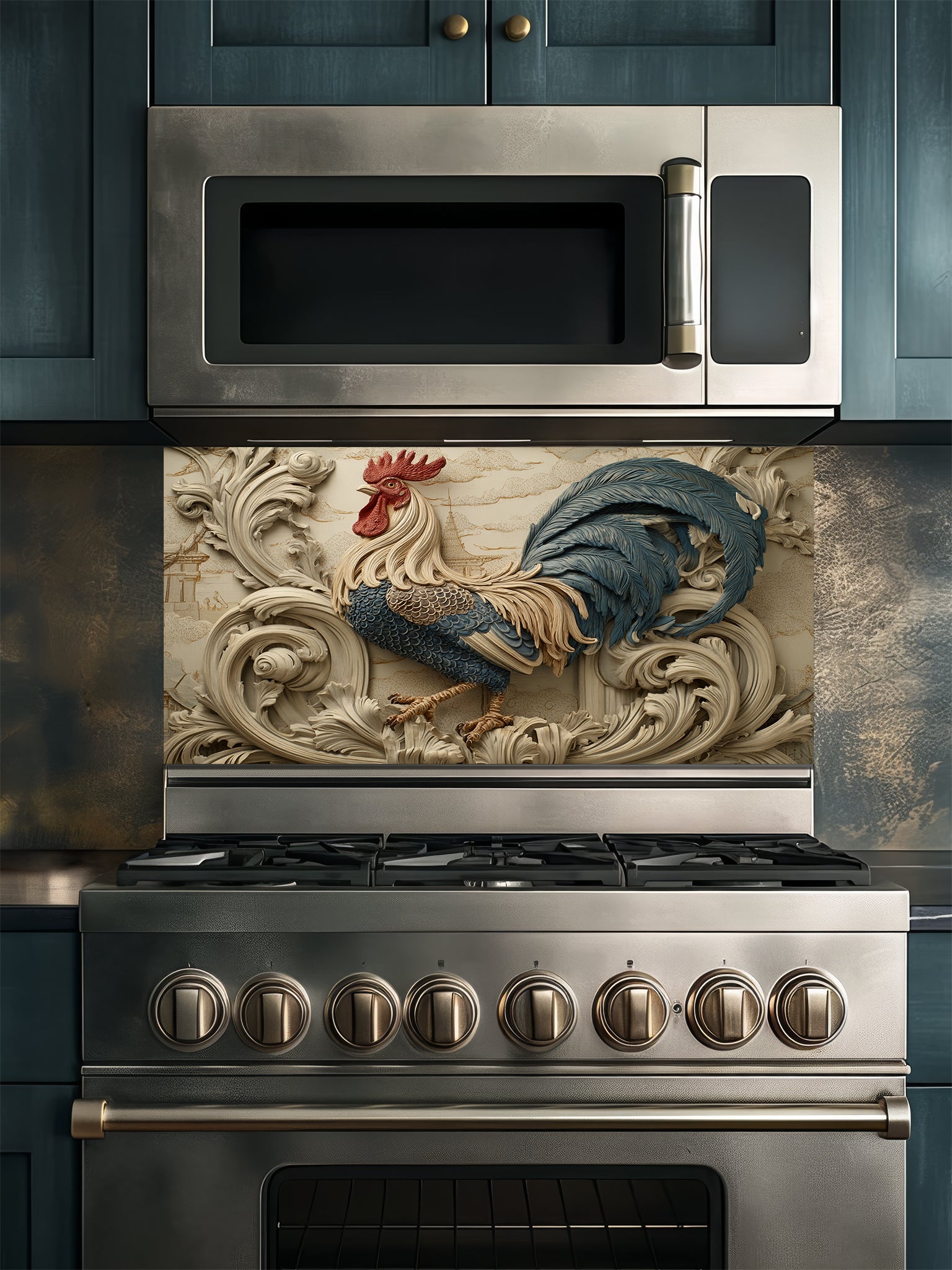 Tempered glass kitchen backsplash featuring a highly realistic 3D illusion of an intricately carved bas-relief sculpture showing a proud rooster with slate blue and gold feathers surrounded by ornate, flowing creamy beige baroque acanthus swirls, installed behind a modern black stove.