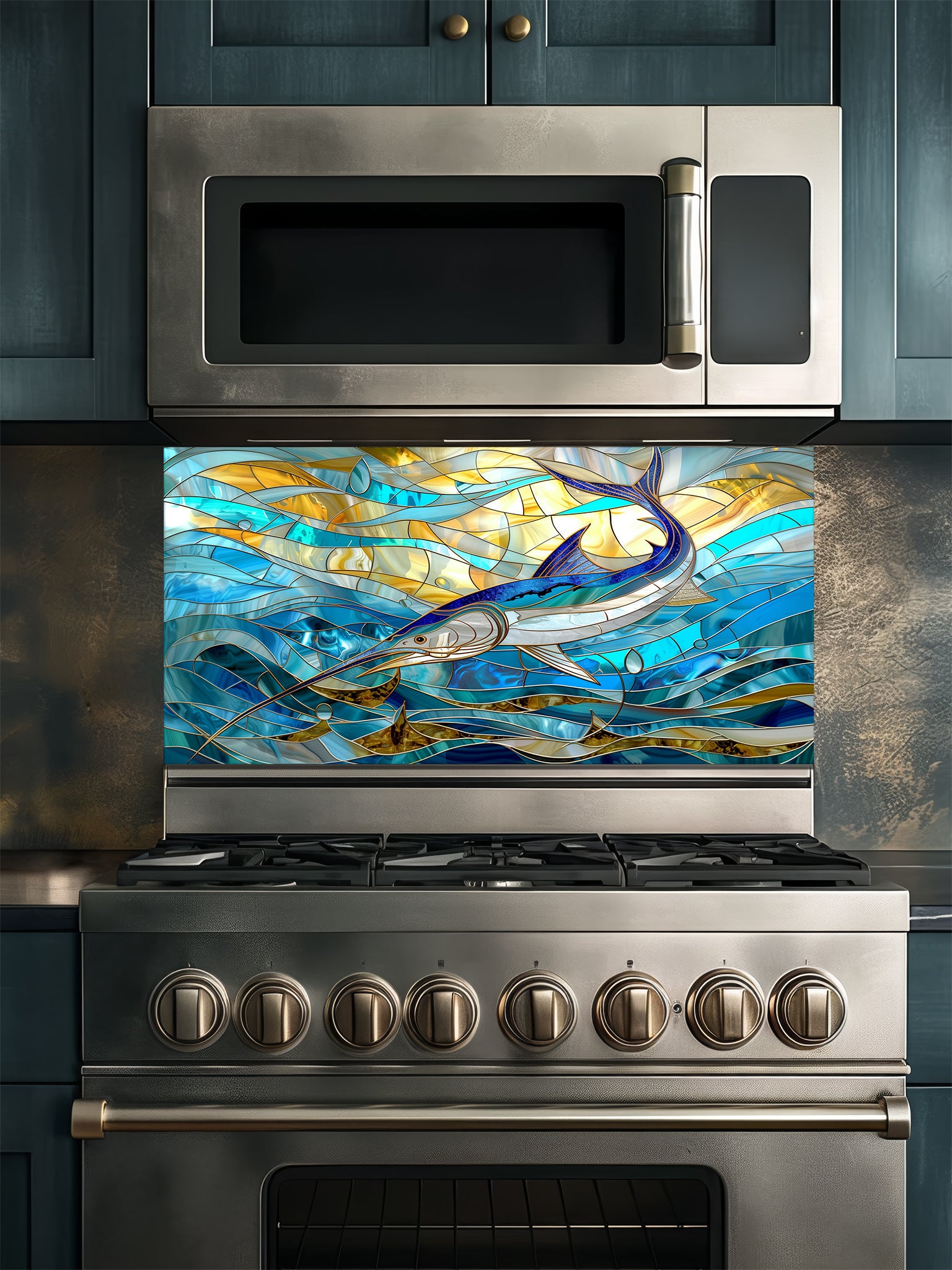 Tempered glass kitchen backsplash featuring a highly realistic 3D illusion of stained glass art showing a majestic blue marlin leaping through swirling ocean waves in vibrant blues and glowing amber tones, installed behind a modern stainless steel stove.