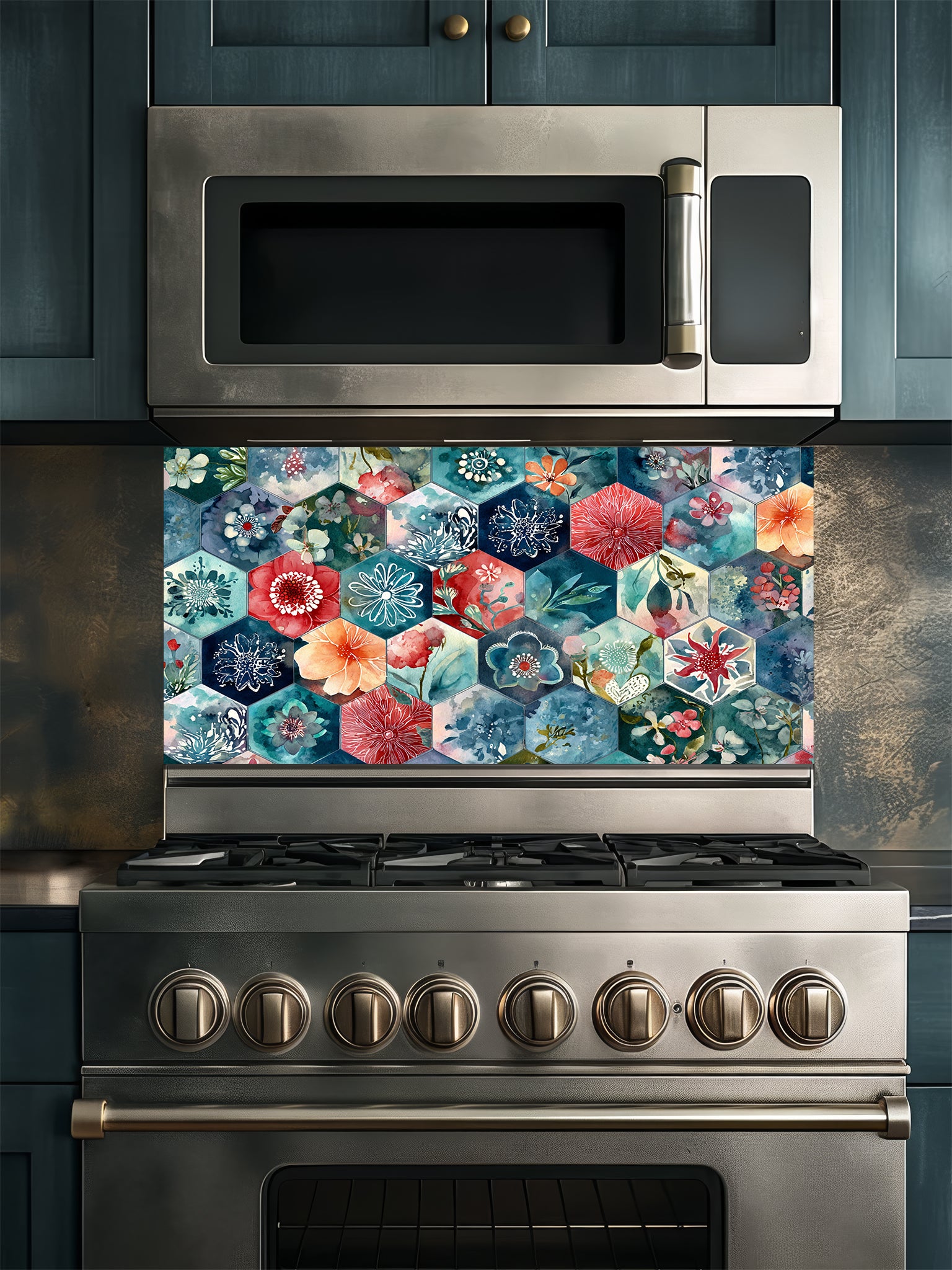 Tempered glass kitchen backsplash featuring a highly realistic illusion of geometric hexagon tiles showcasing delicate, hand-painted style watercolor floral patterns in navy blue, teal, coral red, and peach, installed behind a modern black stove.