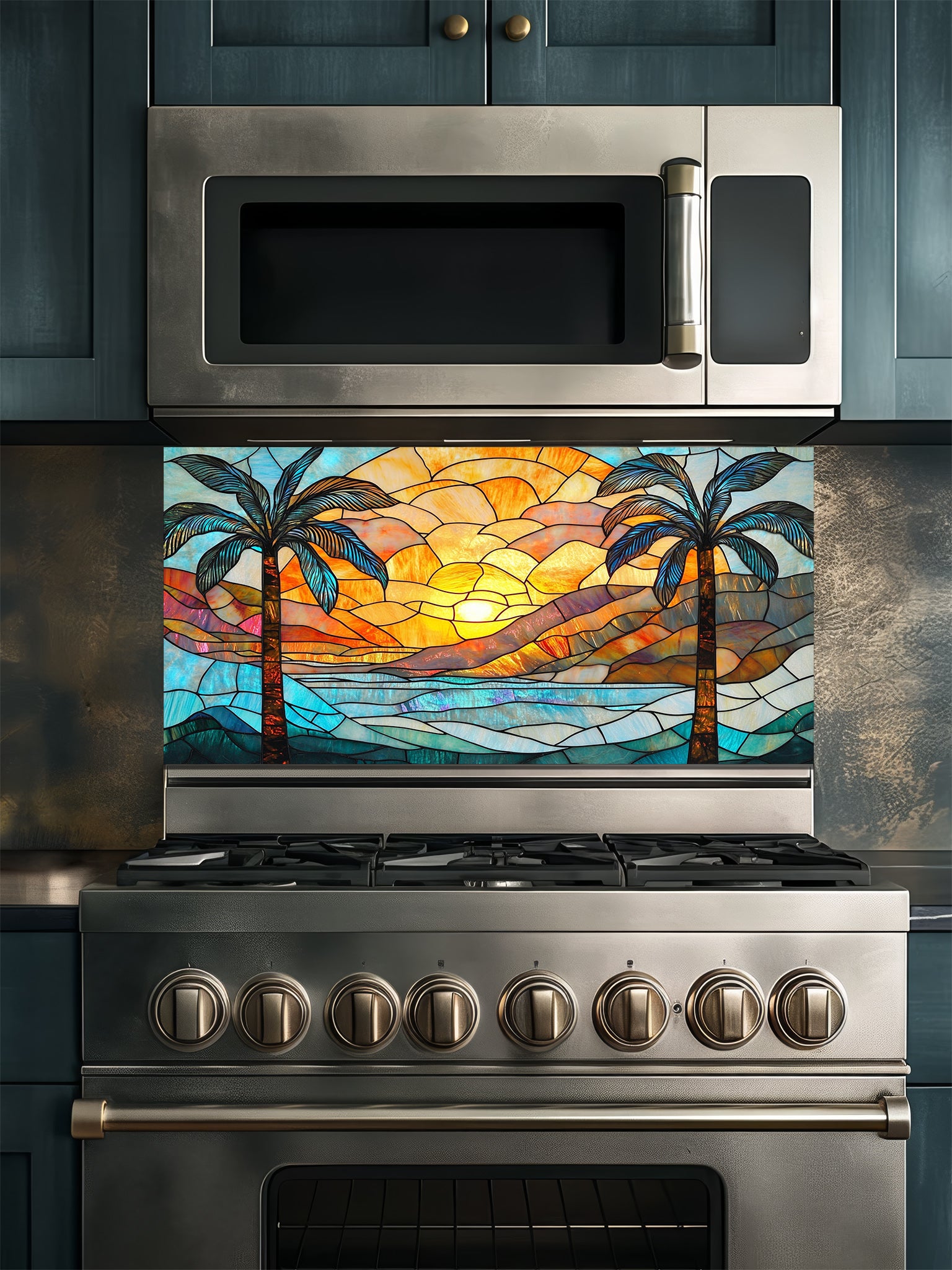 Stained glass style tropical beach sunset with two palm trees, ocean waves, and vibrant orange and blue sky, UV printed on a smooth tempered glass kitchen backsplash, installed behind a modern stove.