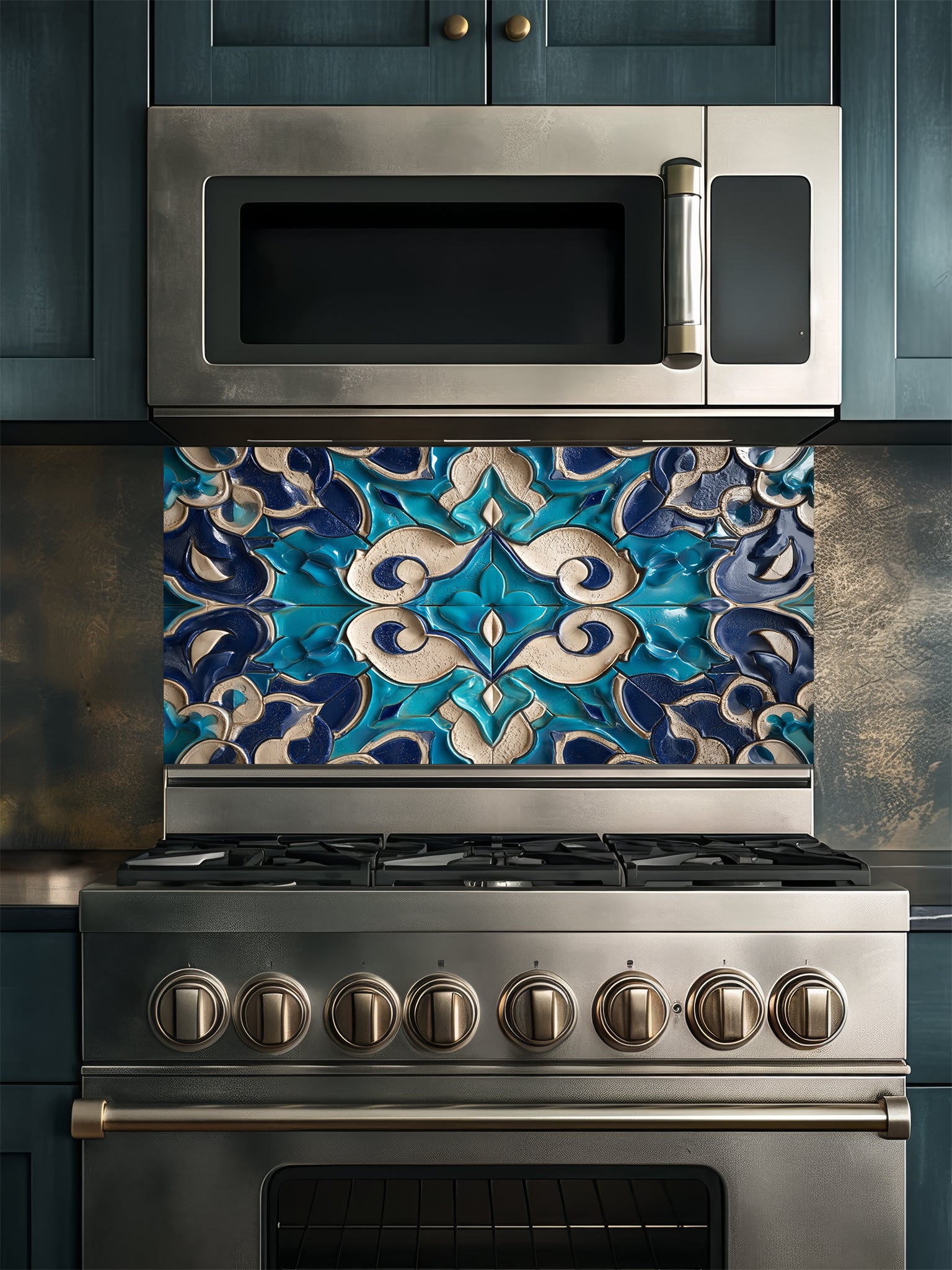 Stainless steel microwave and oven with decorative blue and white tile backsplash in a kitchen setting.