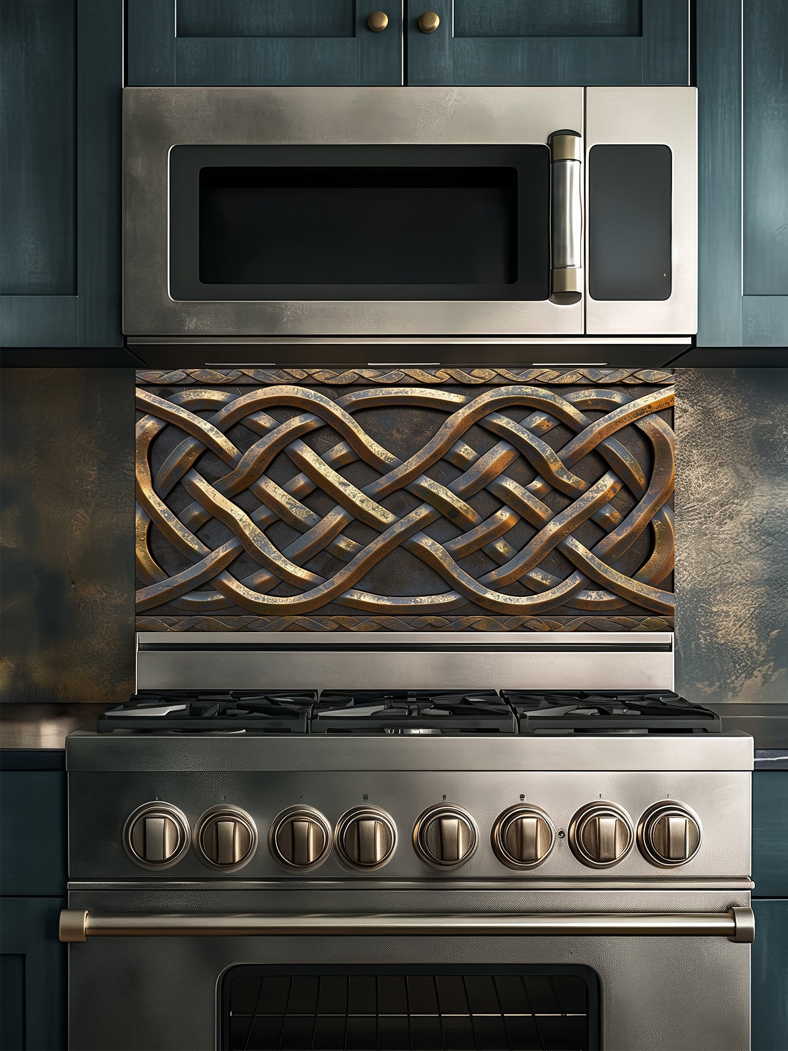 Tempered glass kitchen backsplash featuring a highly realistic 3D faux metal design of intricate interlaced Celtic knots in antique bronze and dark iron tones, installed behind a modern stainless steel stove.