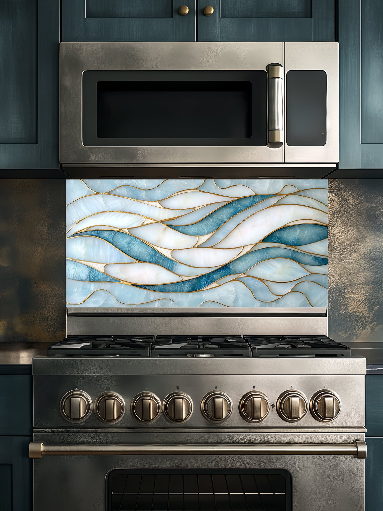 Tempered glass kitchen backsplash featuring a calming modern abstract wave design in faux stained glass with blue, teal, and pearlescent white sections separated by elegant gold lines, installed behind a modern stainless steel stove.