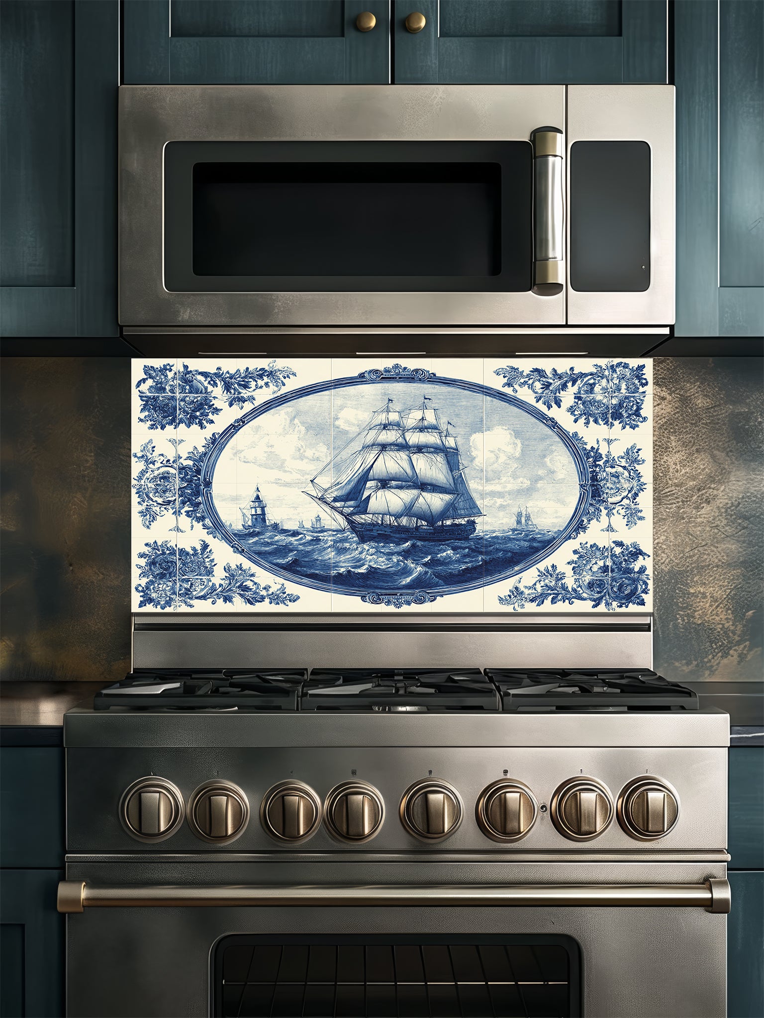 Faux blue and white Portuguese Azulejo tile mural featuring a classic sailing ship on the ocean, UV printed on a smooth tempered glass kitchen backsplash.