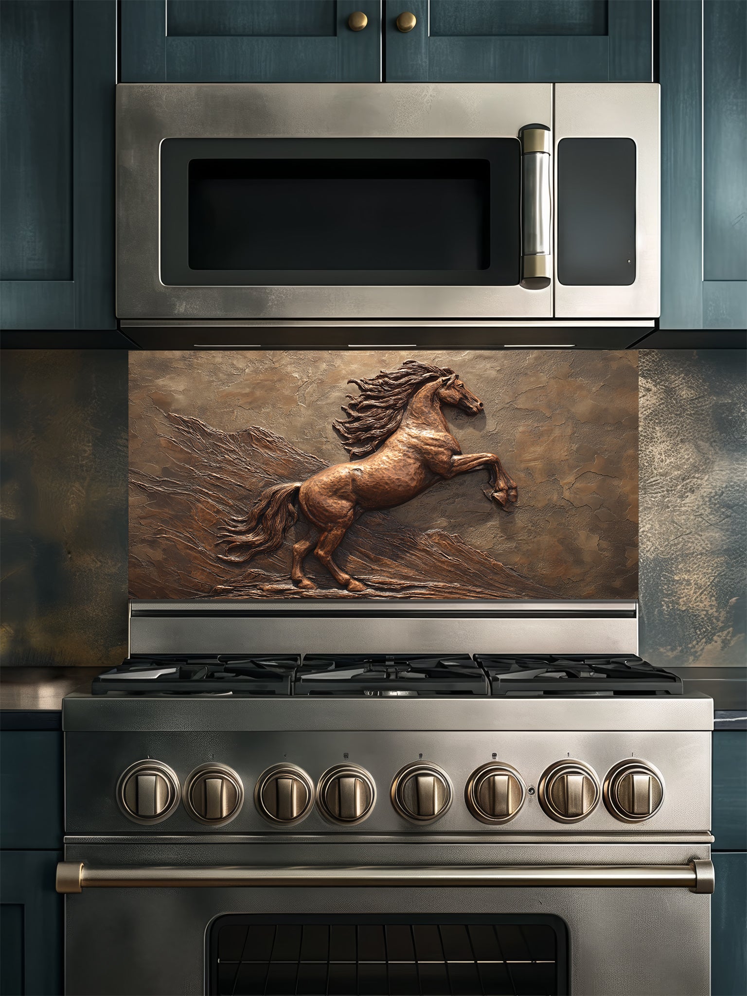 Faux 3D effect bronze carving of a majestic rearing horse, UV printed on a smooth tempered glass kitchen backsplash, installed behind a modern stove.