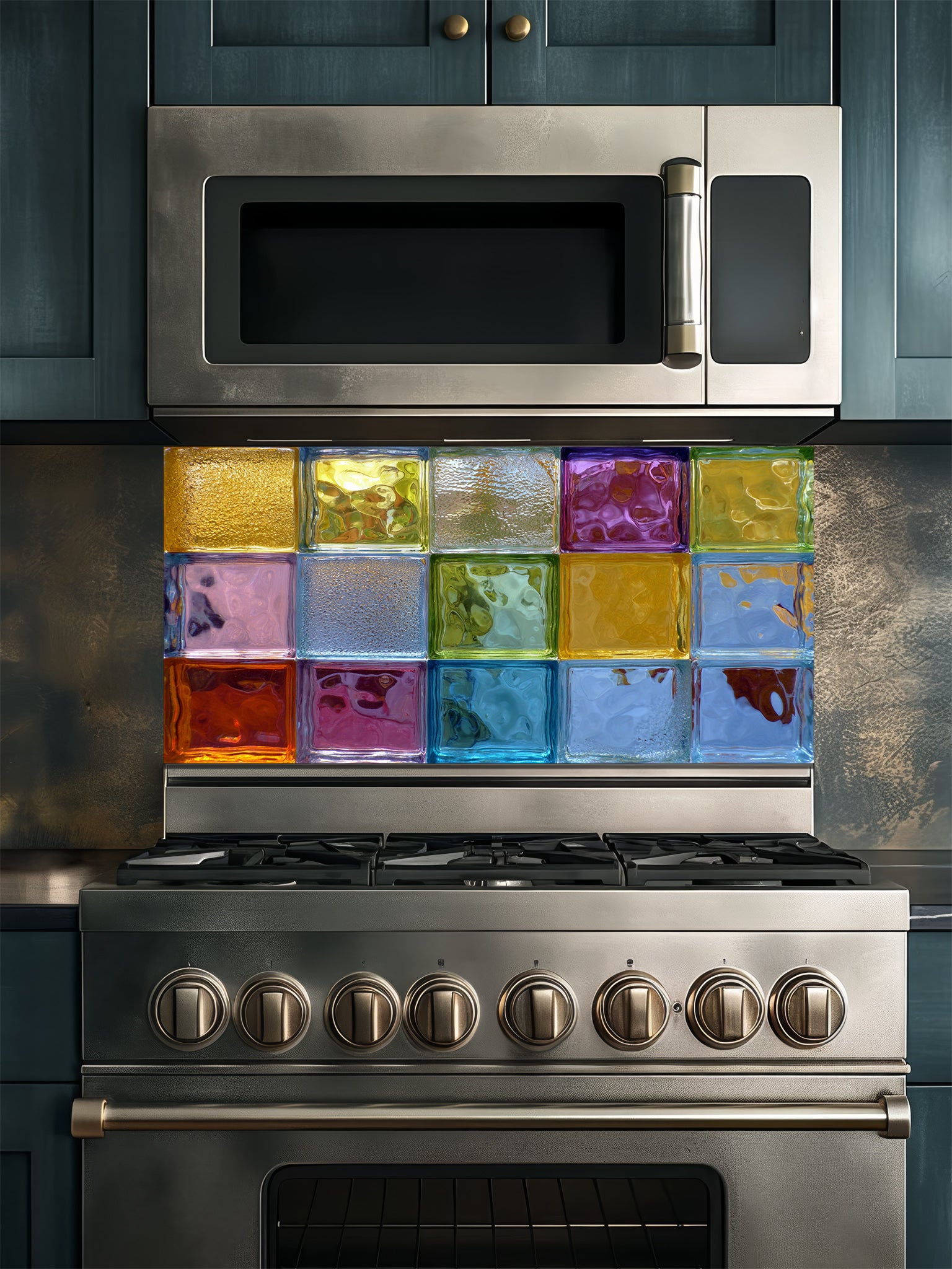 Tempered glass kitchen backsplash featuring a highly realistic 3D illusion of colorful architectural glass blocks in vibrant translucent hues of blue, green, yellow, and purple with wavy textures, installed behind a modern stainless steel stove.