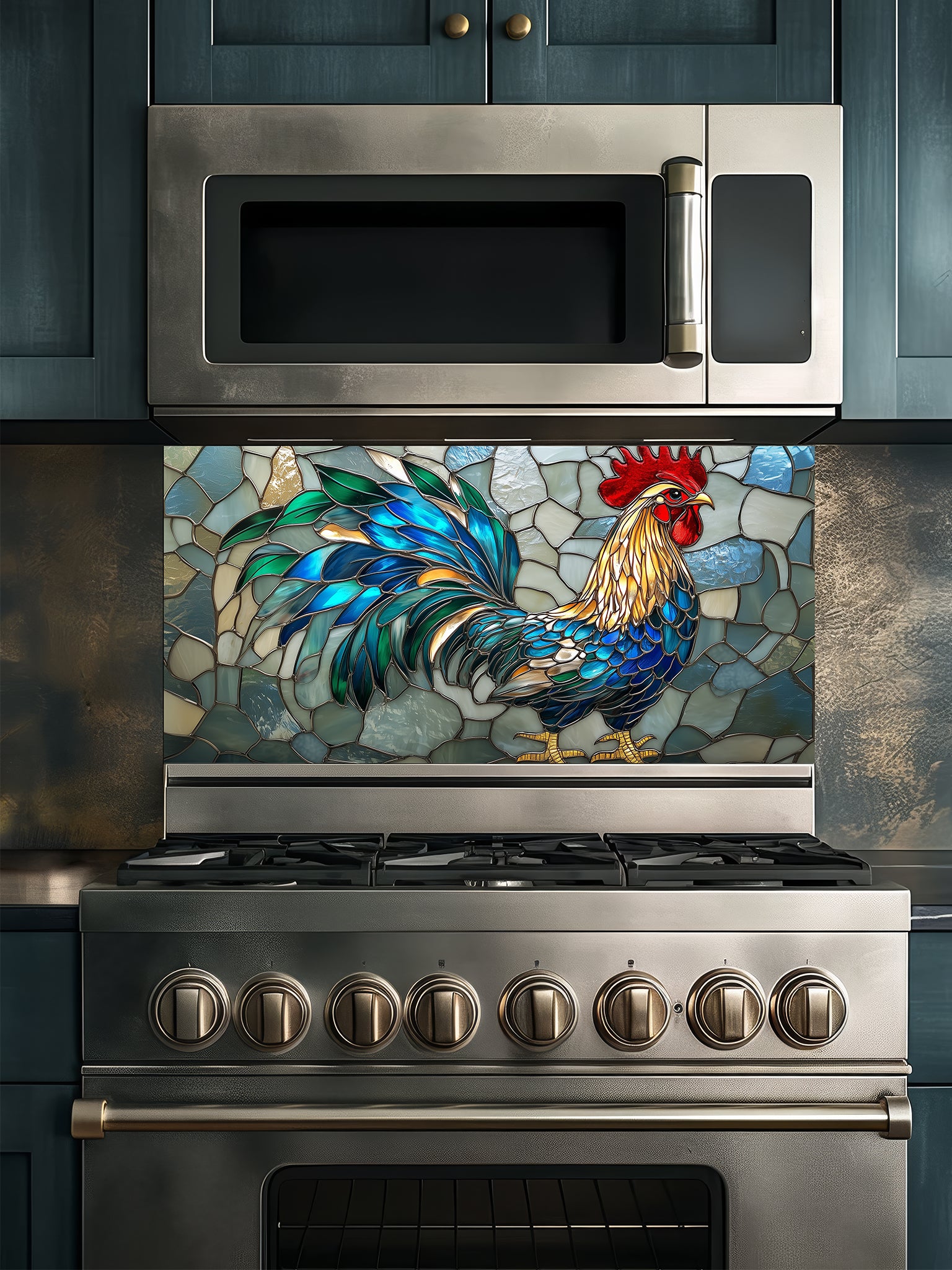 Tempered glass kitchen backsplash featuring a vibrant faux stained glass design of a rooster with striking teal and blue tail feathers against a light icy blue mosaic background, installed behind a modern stainless steel stove.