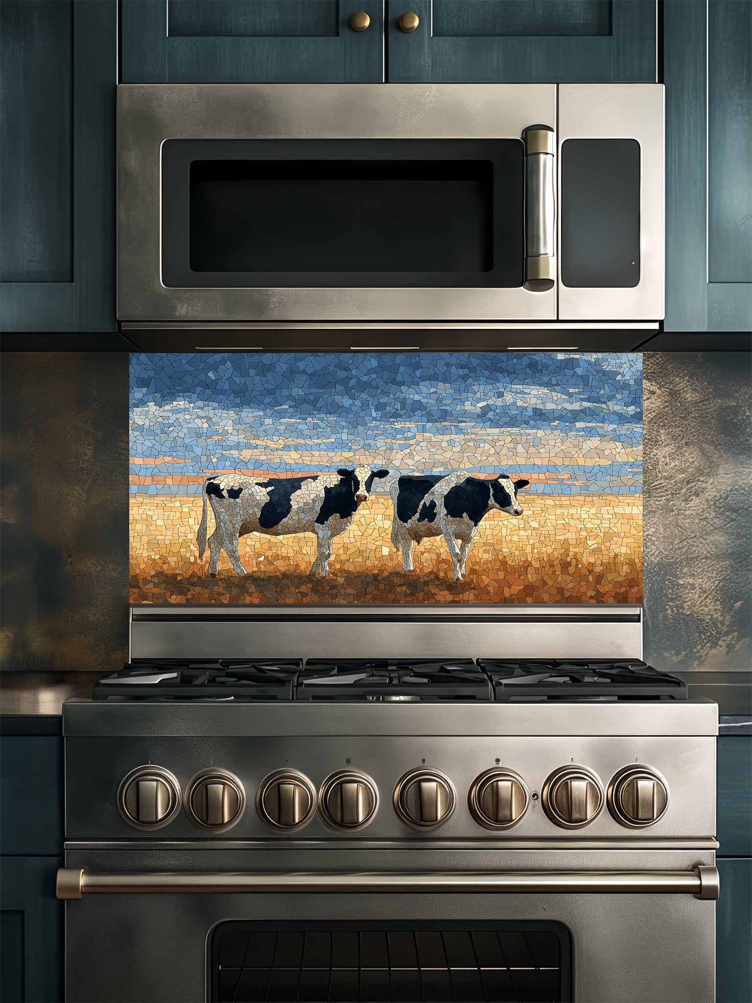Faux mosaic tile art of black and white cows standing in a golden pasture under a blue sky, UV printed on a smooth tempered glass kitchen backsplash, installed behind a modern stove.