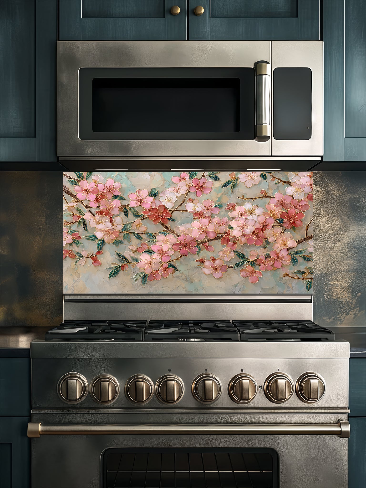 Faux 3D effect glossy pink cherry blossom branches with golden metallic outlines on a soft teal marble background, UV printed on a smooth tempered glass kitchen backsplash.