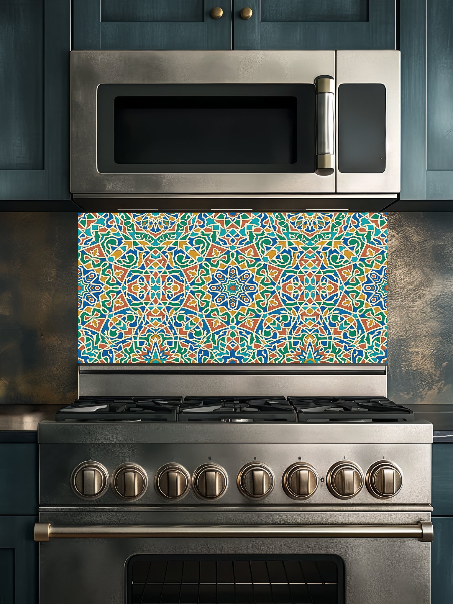 Stainless steel microwave and oven with a colorful patterned backsplash in a kitchen setting.