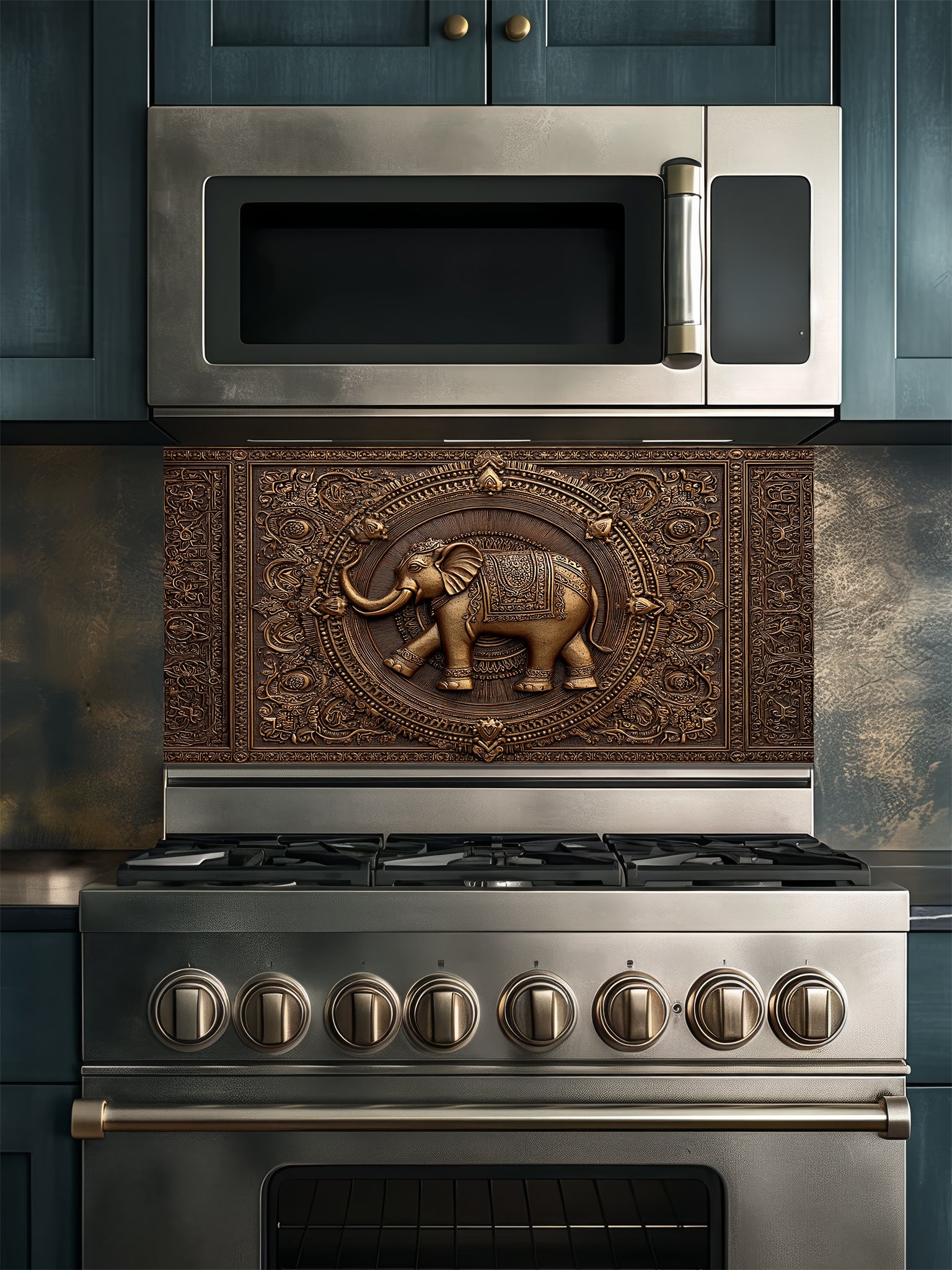 Faux 3D effect intricately carved bronze elephant and ornate mandala pattern, UV printed on a smooth tempered glass kitchen backsplash, installed behind a modern stove.