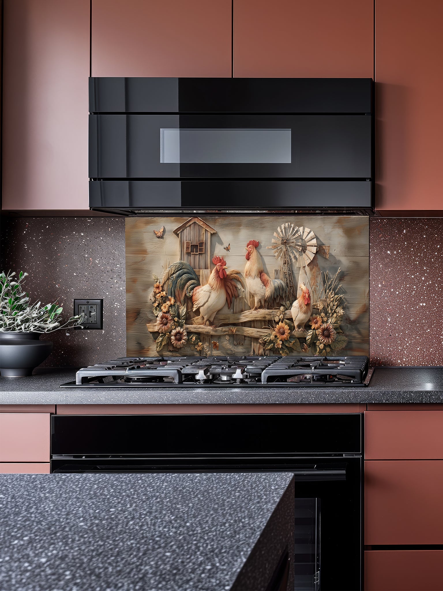Tempered glass kitchen backsplash featuring a realistic 3D carved wood effect design with roosters, sunflowers, and a windmill, installed behind a modern stainless steel stove.