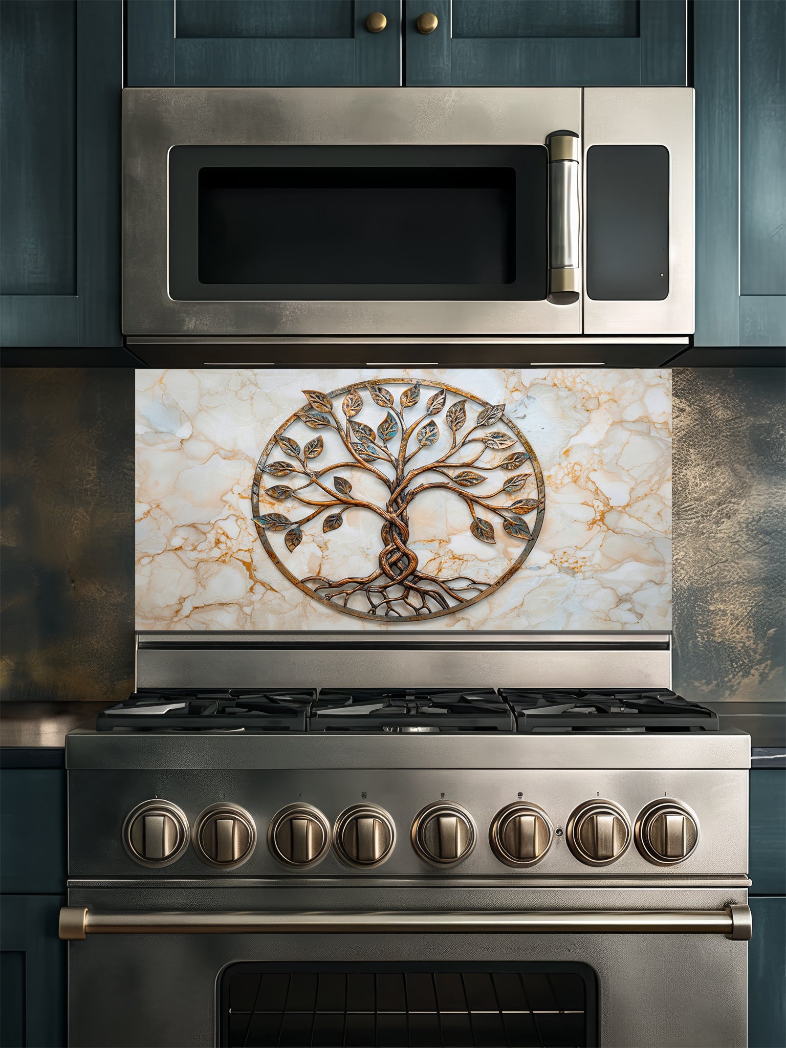 Faux 3D effect weathered rustic bronze and copper Tree of Life sculpture with patina accents on a warm cream marble background, UV printed on a smooth tempered glass kitchen backsplash, installed behind a modern stove.