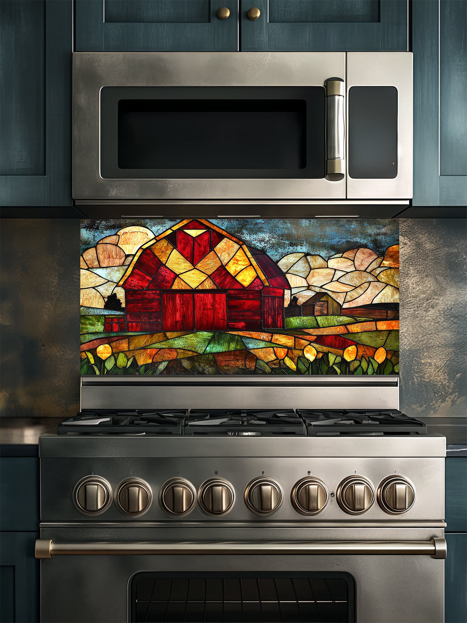 Tempered glass kitchen backsplash featuring a highly realistic 3D illusion of stained glass art showing a classic rustic red barn set in a vibrant farm landscape with golden fields under a cloudy blue sky, installed behind a modern black stove.