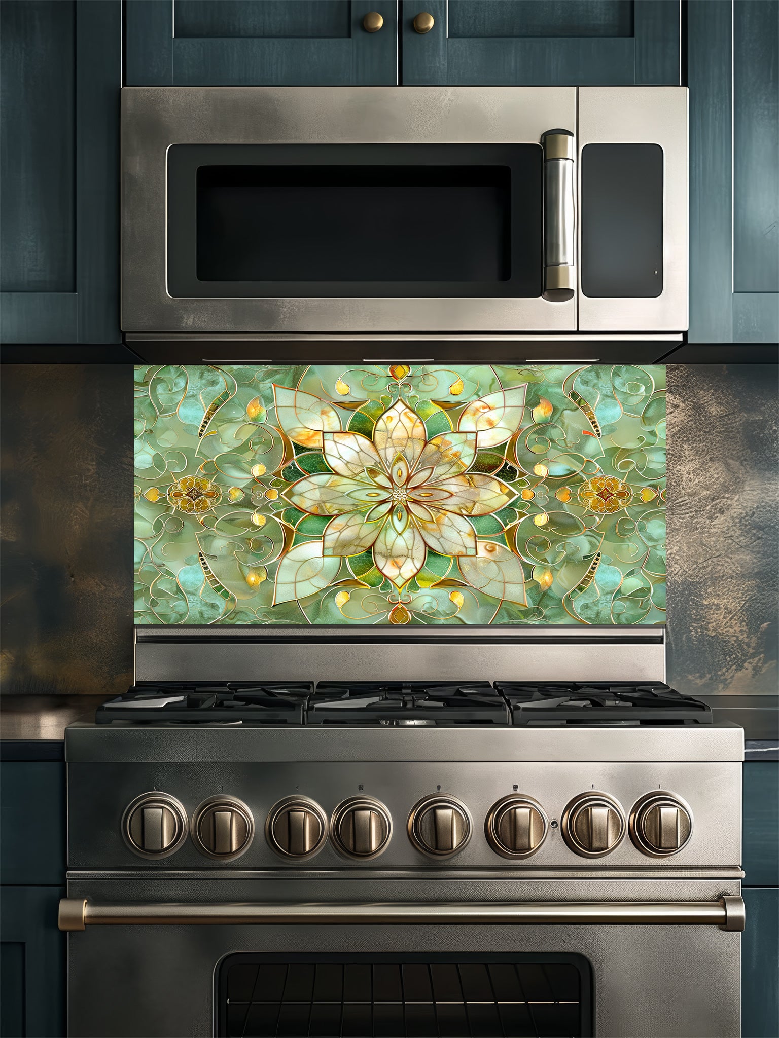 Stained glass style green and gold floral mandala UV printed on a smooth tempered glass kitchen backsplash, installed behind a modern stove.