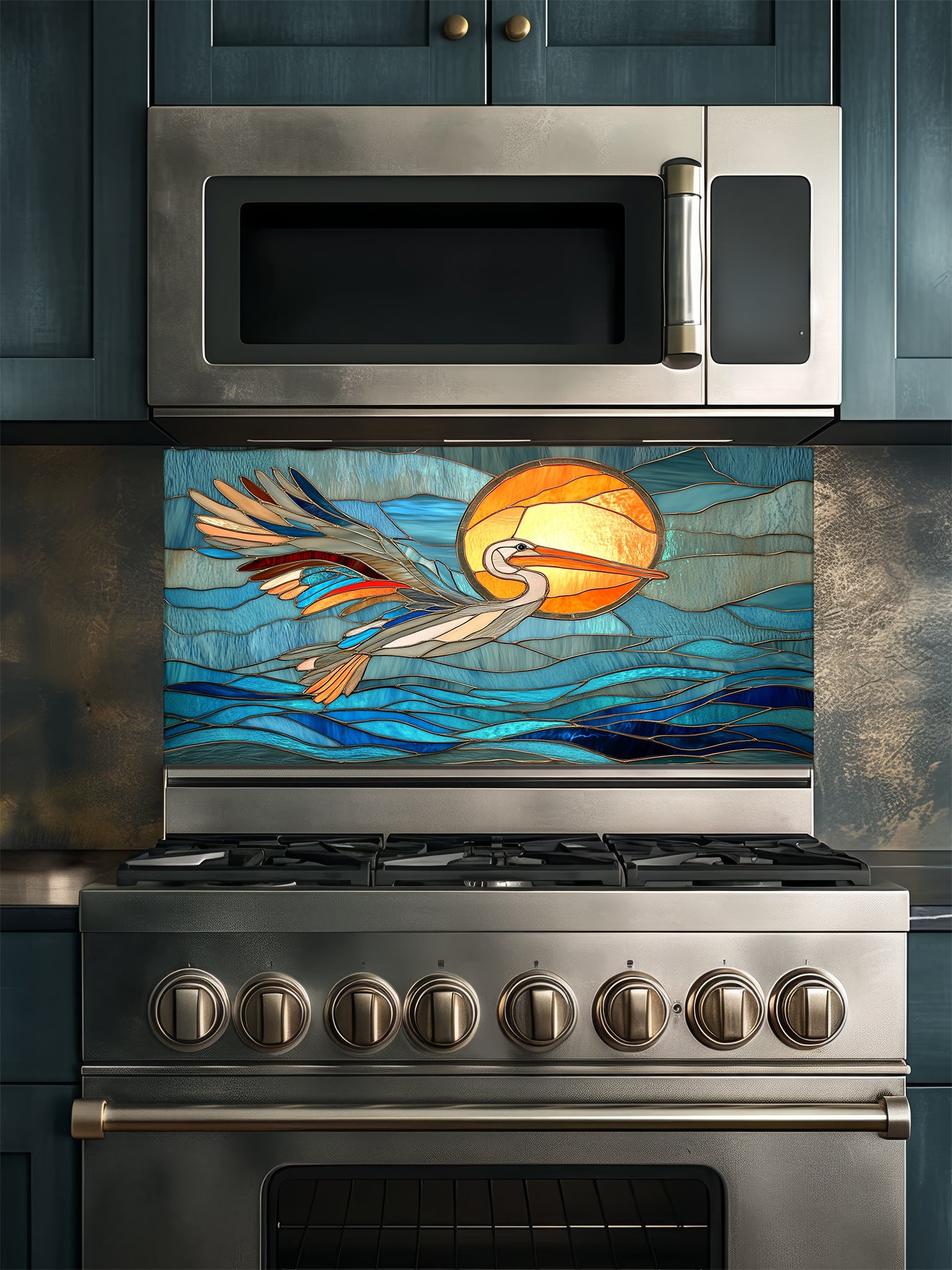 Stained glass style pelican flying over blue ocean waves and a bright sun, UV printed on tempered glass kitchen backsplash, installed behind a modern stove.