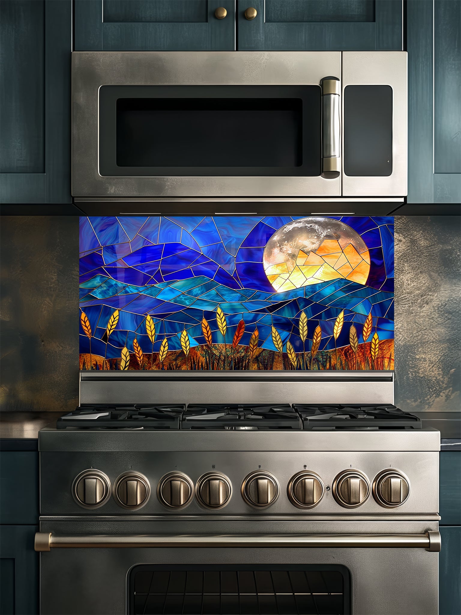 Stained glass style landscape featuring deep blue mountains, a glowing full moon, and golden wheat, UV printed on a smooth tempered glass kitchen backsplash.