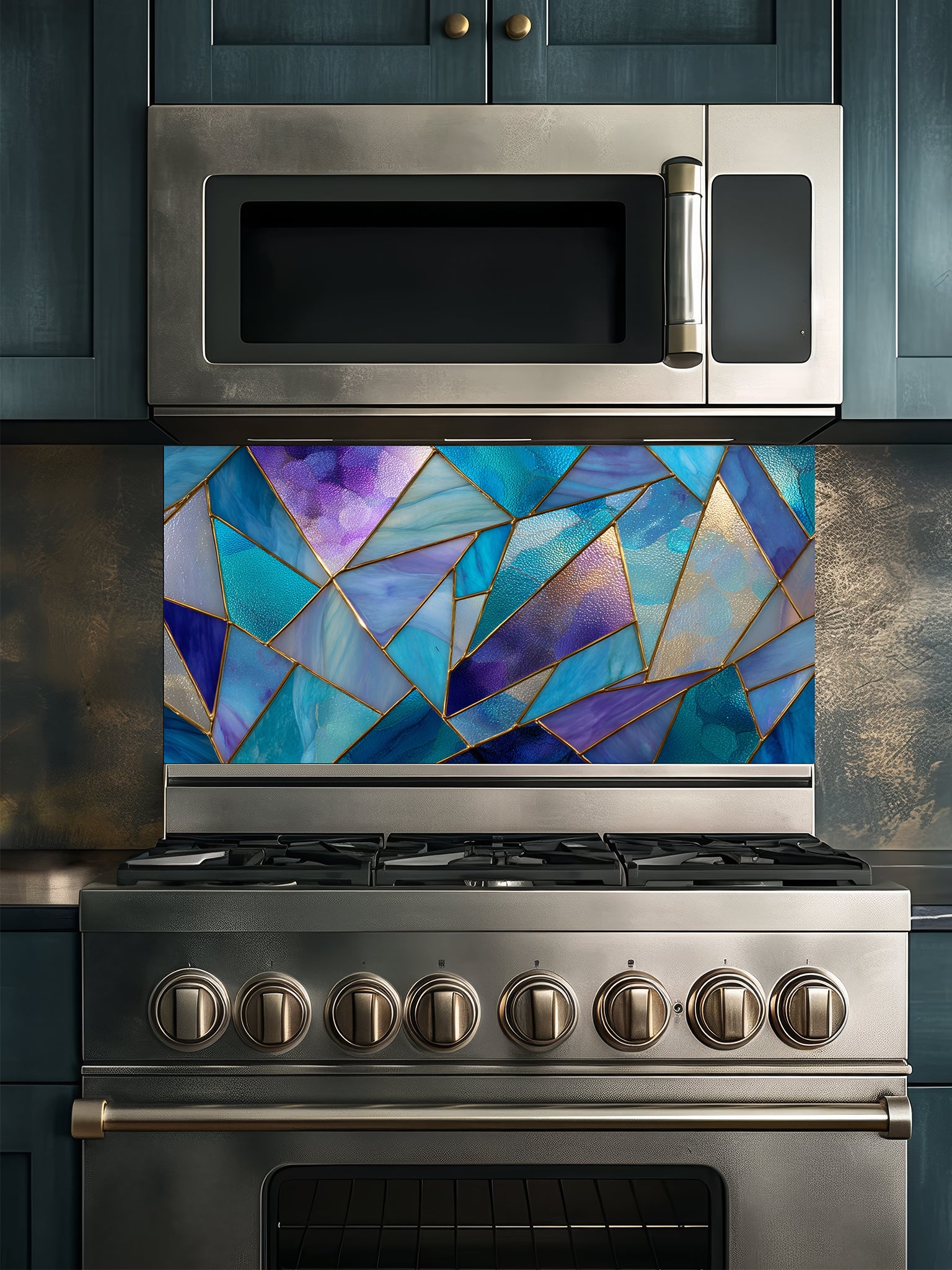 Tempered glass kitchen backsplash featuring a vibrant geometric stained glass effect with blue, teal, and purple shards separated by gold lines, installed behind a modern stainless steel stove.