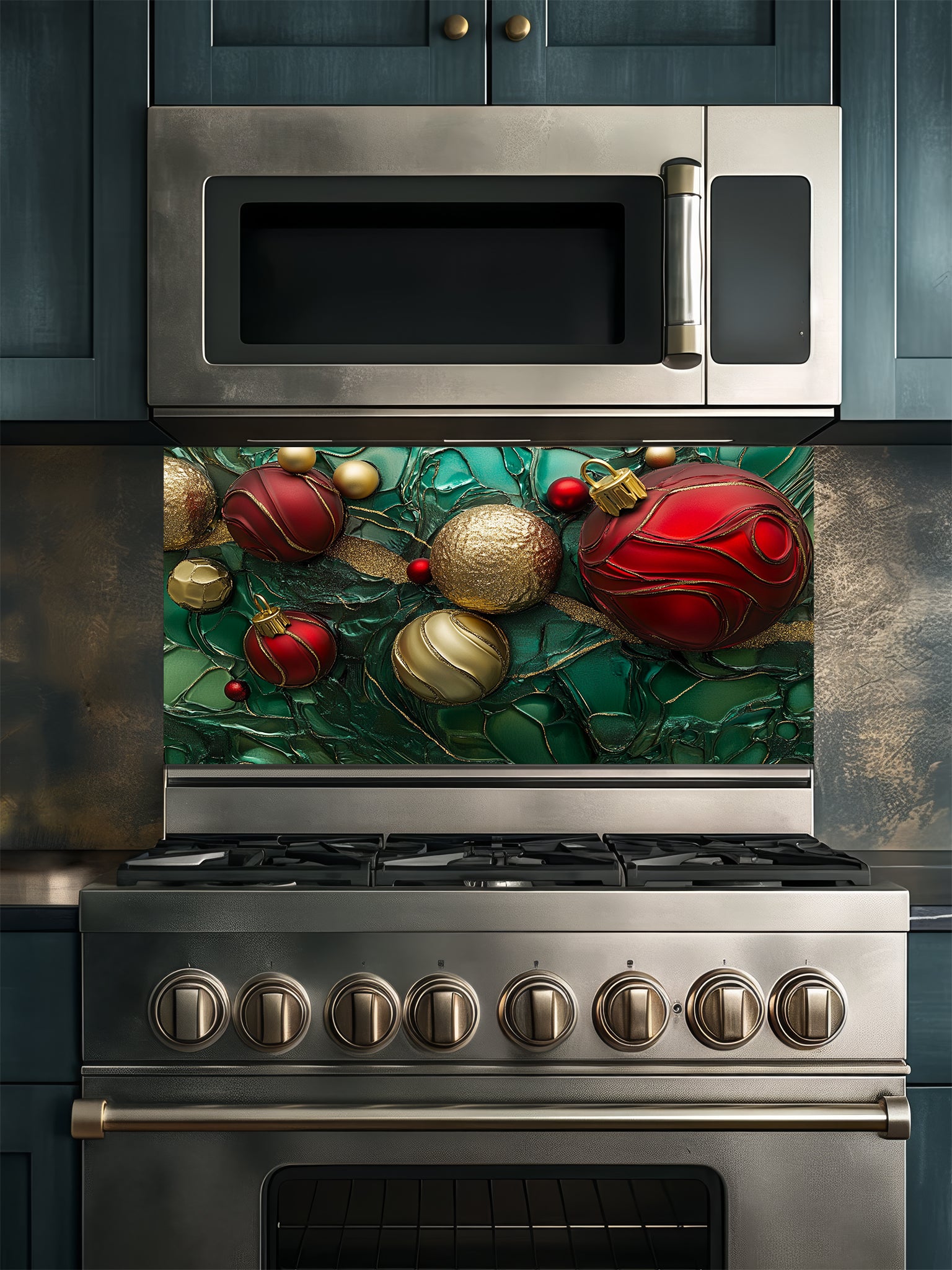 Tempered glass kitchen backsplash featuring a highly realistic 3D illusion of festive red and gold Christmas ornaments and ribbons floating against a deep emerald green marble and fluid art background with golden veins, installed behind a modern stainless steel stove.