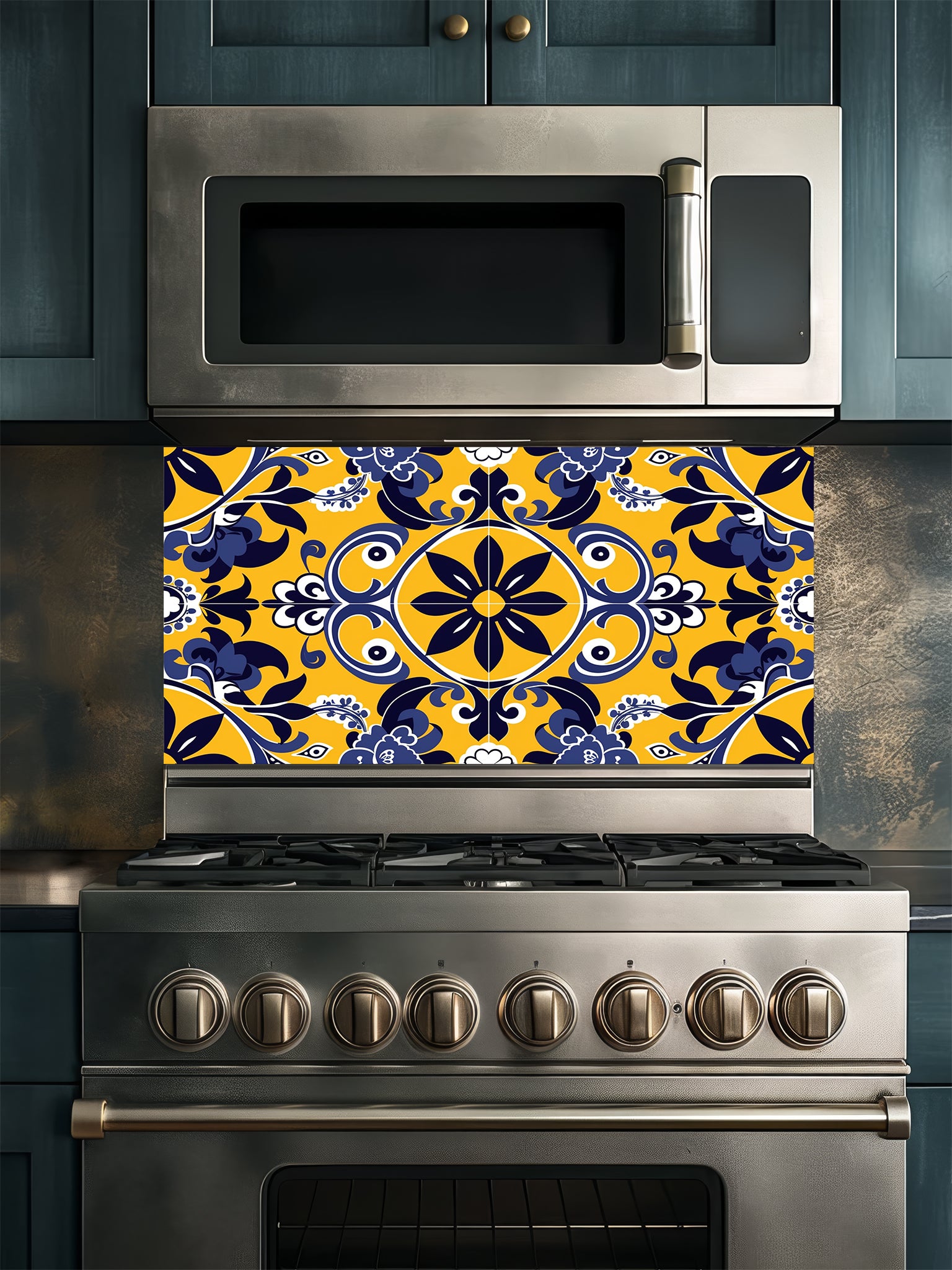 Vibrant traditional Talavera style faux tile pattern in bright yellow, deep navy blue, and white, UV printed on a smooth tempered glass kitchen backsplash.