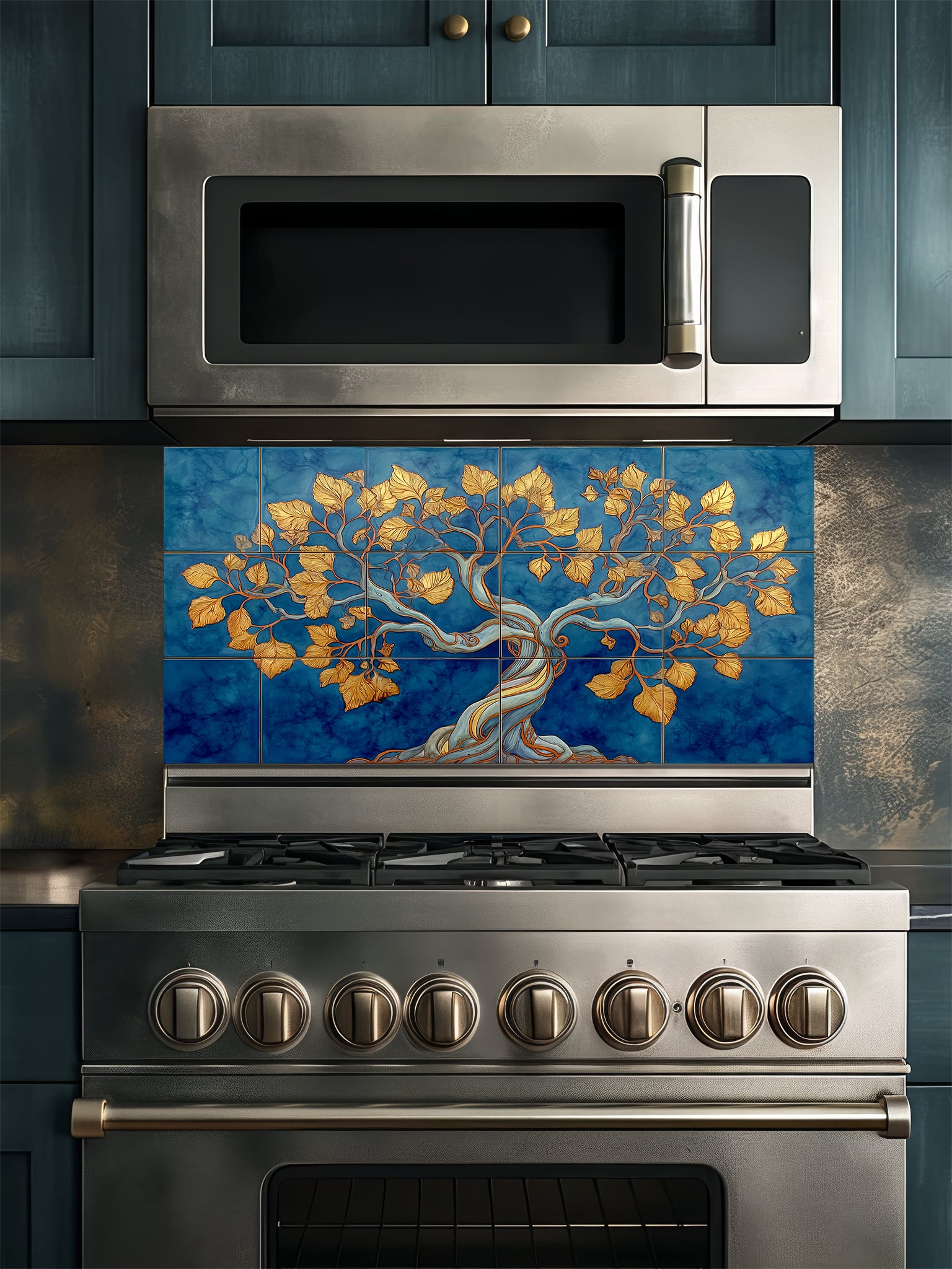 Faux blue tile background featuring an elegant golden Tree of Life with intricate leaves, UV printed on a smooth tempered glass kitchen backsplash, installed behind a modern stove.