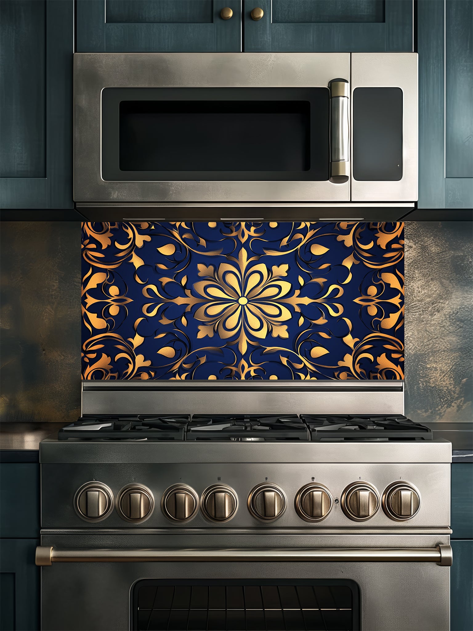 Elegant faux embossed gold damask floral mandala pattern on a deep midnight navy blue background, UV printed on a smooth tempered glass kitchen backsplash.