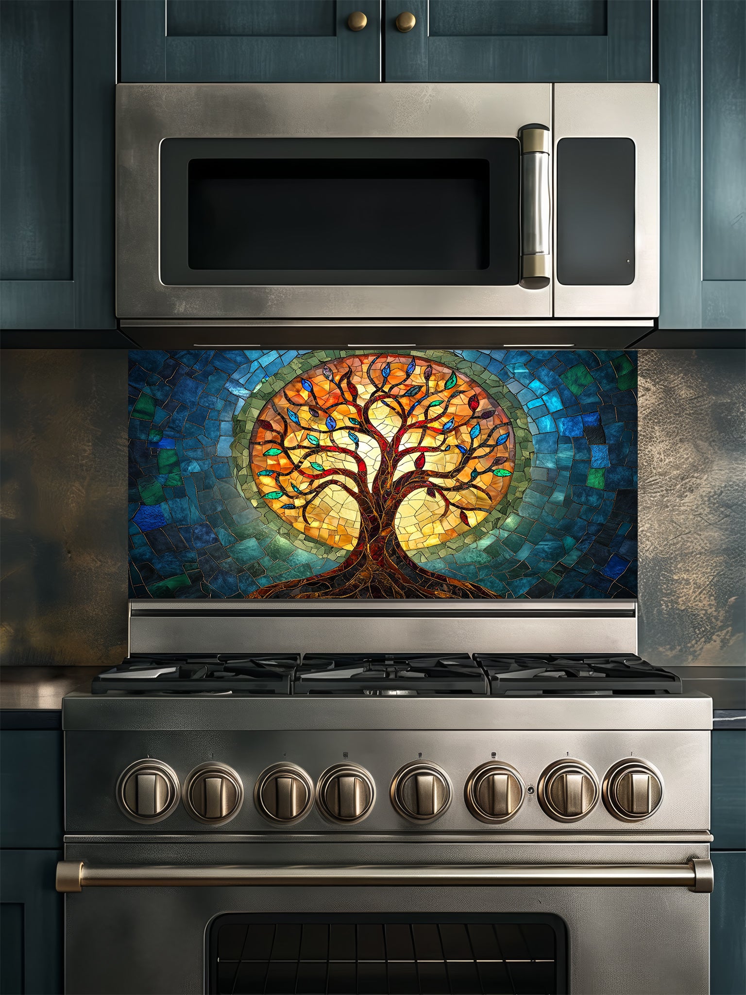 Stained glass mosaic style Tree of Life with vibrant blue, teal, and glowing amber colors, UV printed on a smooth tempered glass kitchen backsplash, installed behind a modern stove.