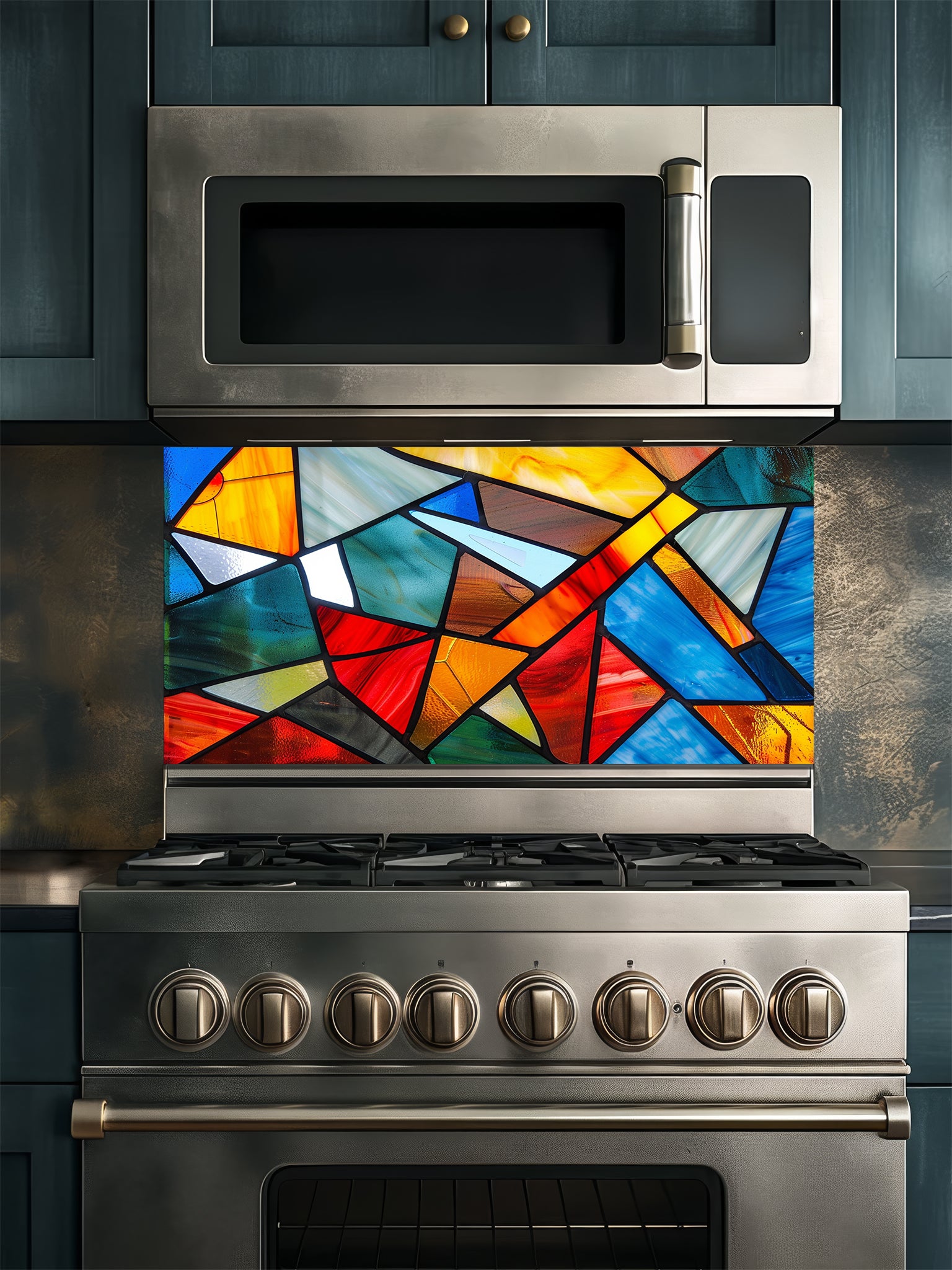 Tempered glass kitchen backsplash featuring a highly realistic illusion of abstract geometric stained glass with asymmetrical shards in vibrant, luminous shades of red, blue, yellow, and teal outlined by dark faux lead lines, installed behind a modern black stove.