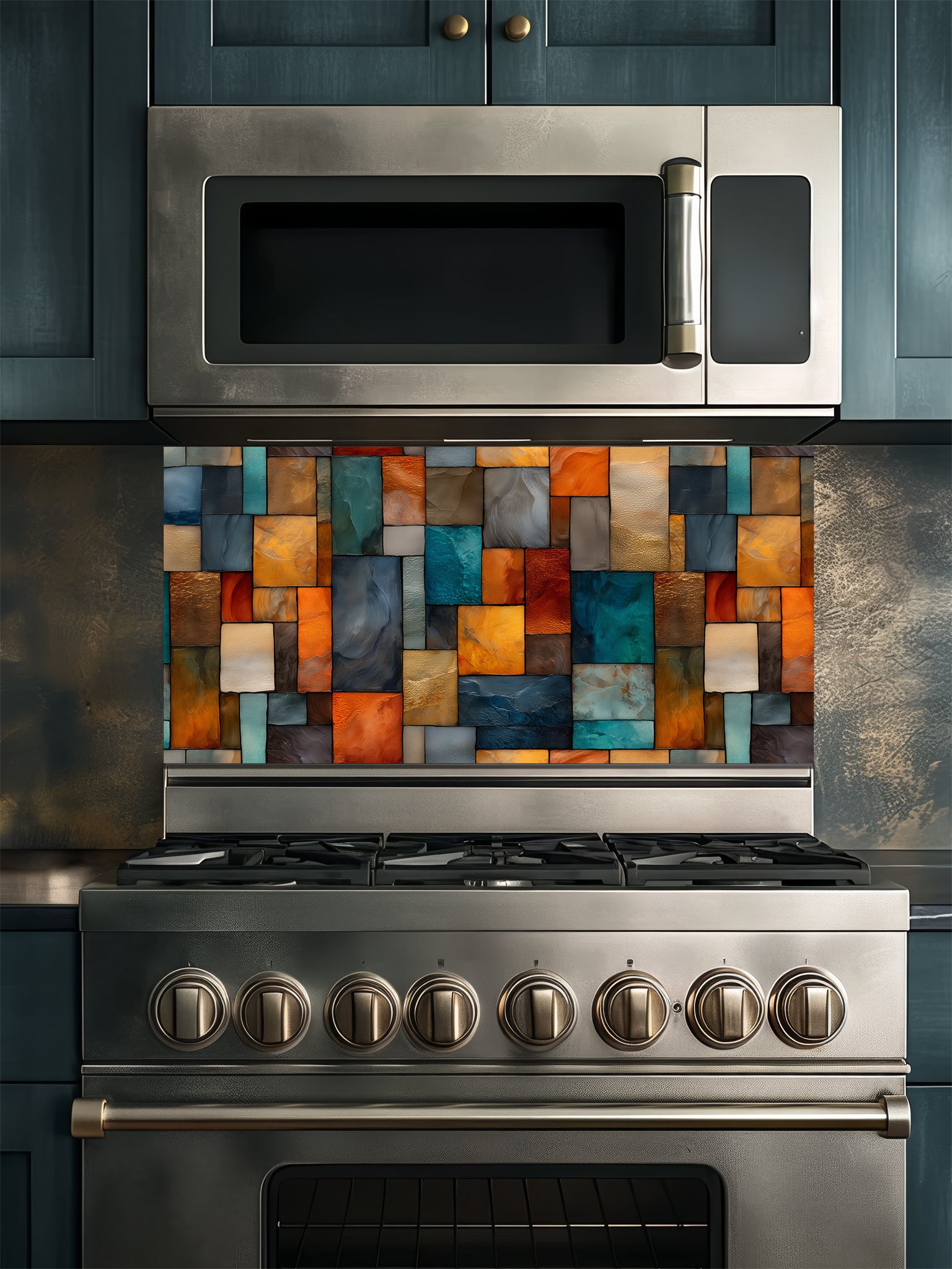 Tempered glass kitchen backsplash featuring a highly realistic 3D illusion of an abstract geometric mosaic made of textured stained glass rectangles in vibrant teal, amber, orange, and slate grey, installed behind a modern stainless steel stove.