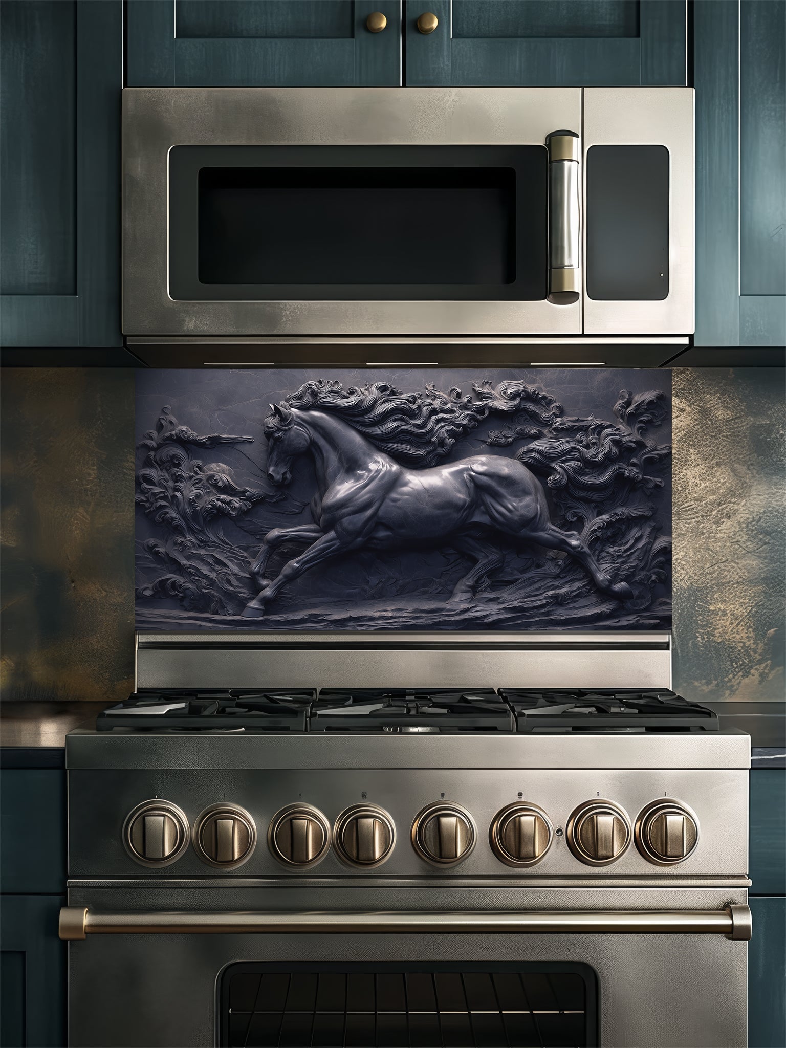 Faux 3D sculpted dark slate and black cast iron relief of a majestic galloping horse through swirling waves, UV printed on a smooth tempered glass kitchen backsplash.