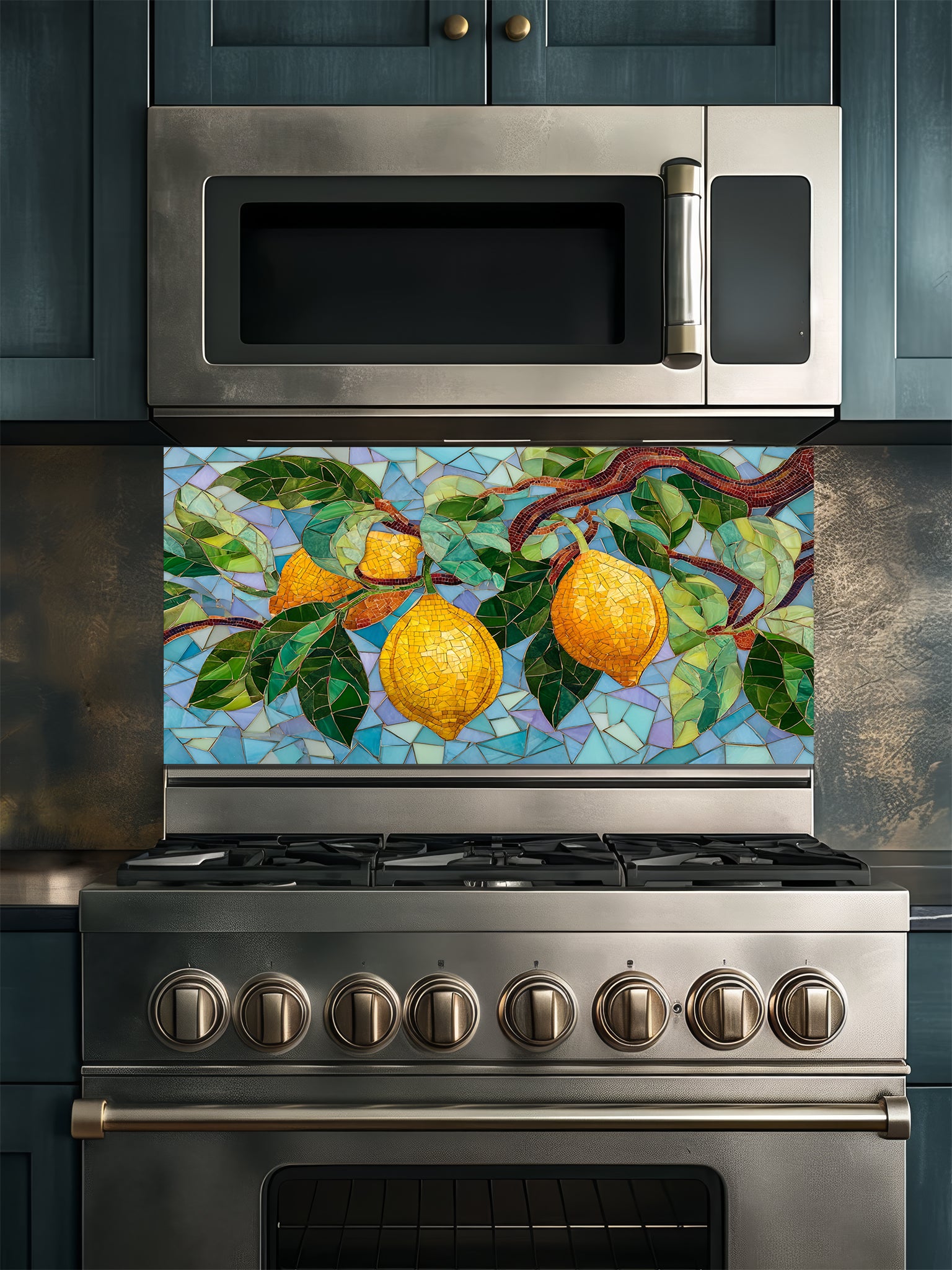 Tempered glass kitchen backsplash featuring a highly realistic 3D illusion of mosaic tile art showing bright yellow lemons and lush green leaves on a branch against a multi-toned light blue and teal mosaic background, installed behind a modern black stove.