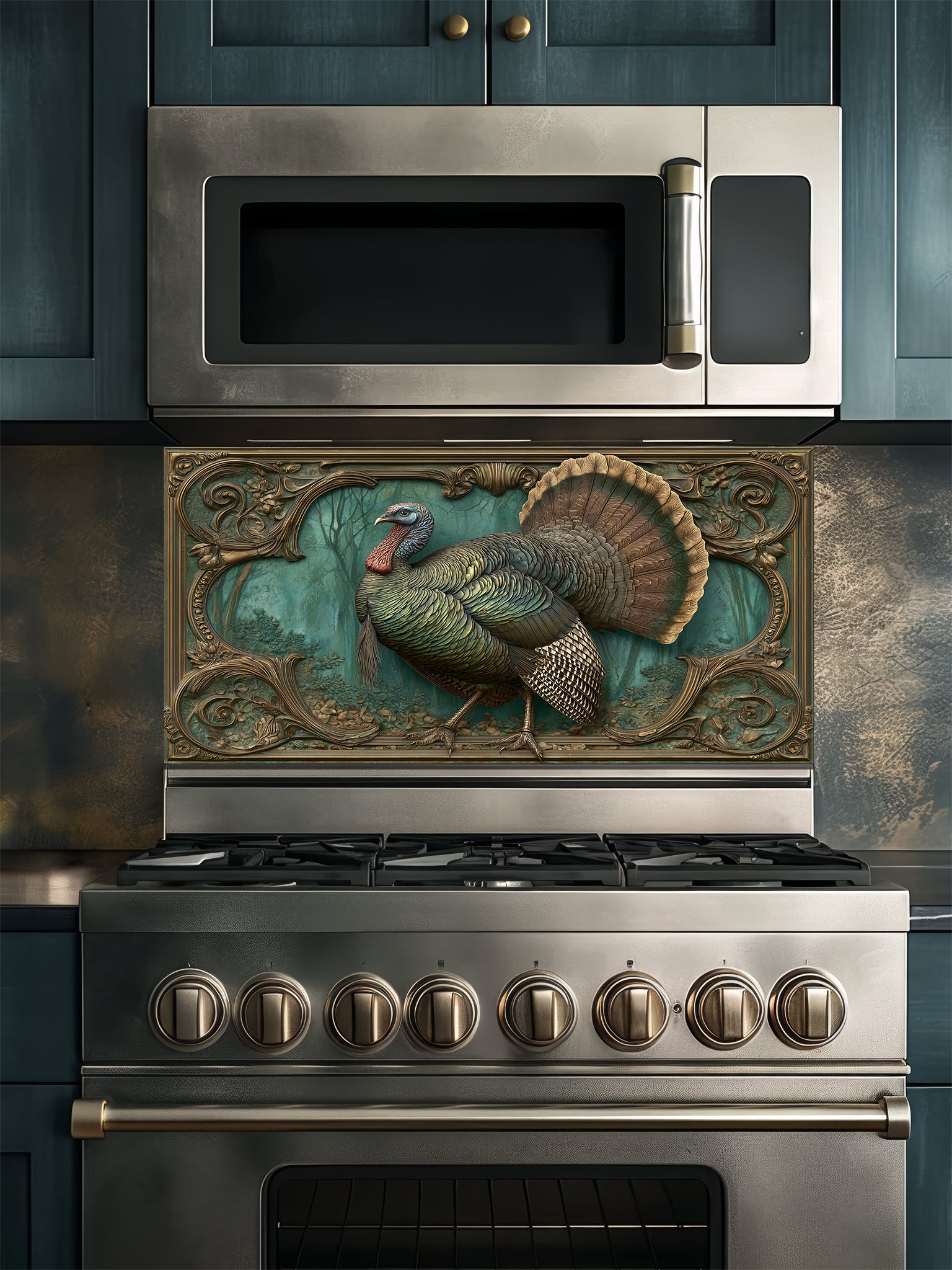 Faux 3D sculpted bronze and brass relief of a majestic turkey framed by baroque scrollwork, UV printed on a smooth tempered glass kitchen backsplash.