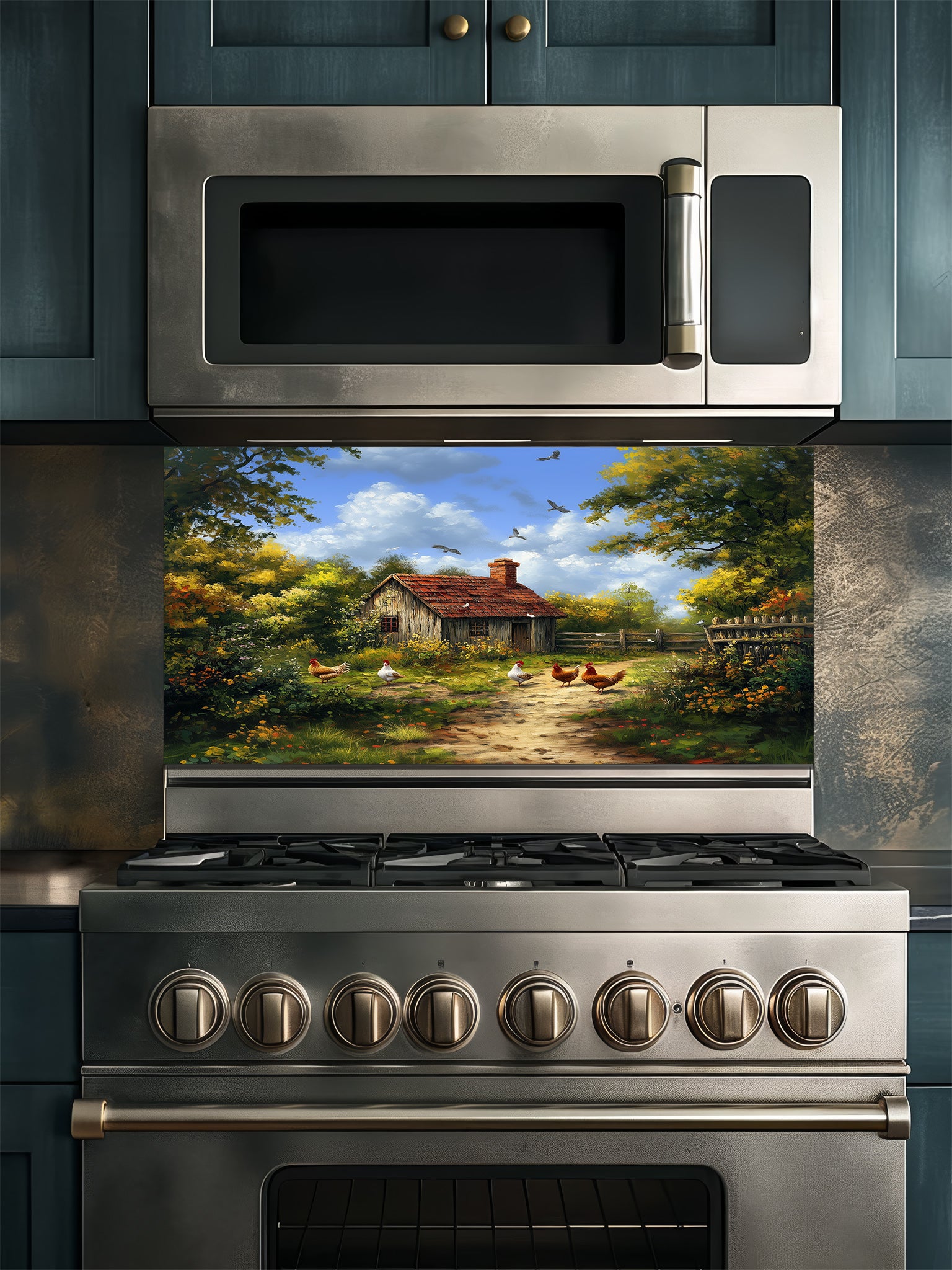 Tempered glass kitchen backsplash featuring a highly realistic illusion of a vintage oil painting showing a rustic farmhouse, lush green trees, and chickens on a dirt path under a blue sky, installed behind a modern stainless steel stove.