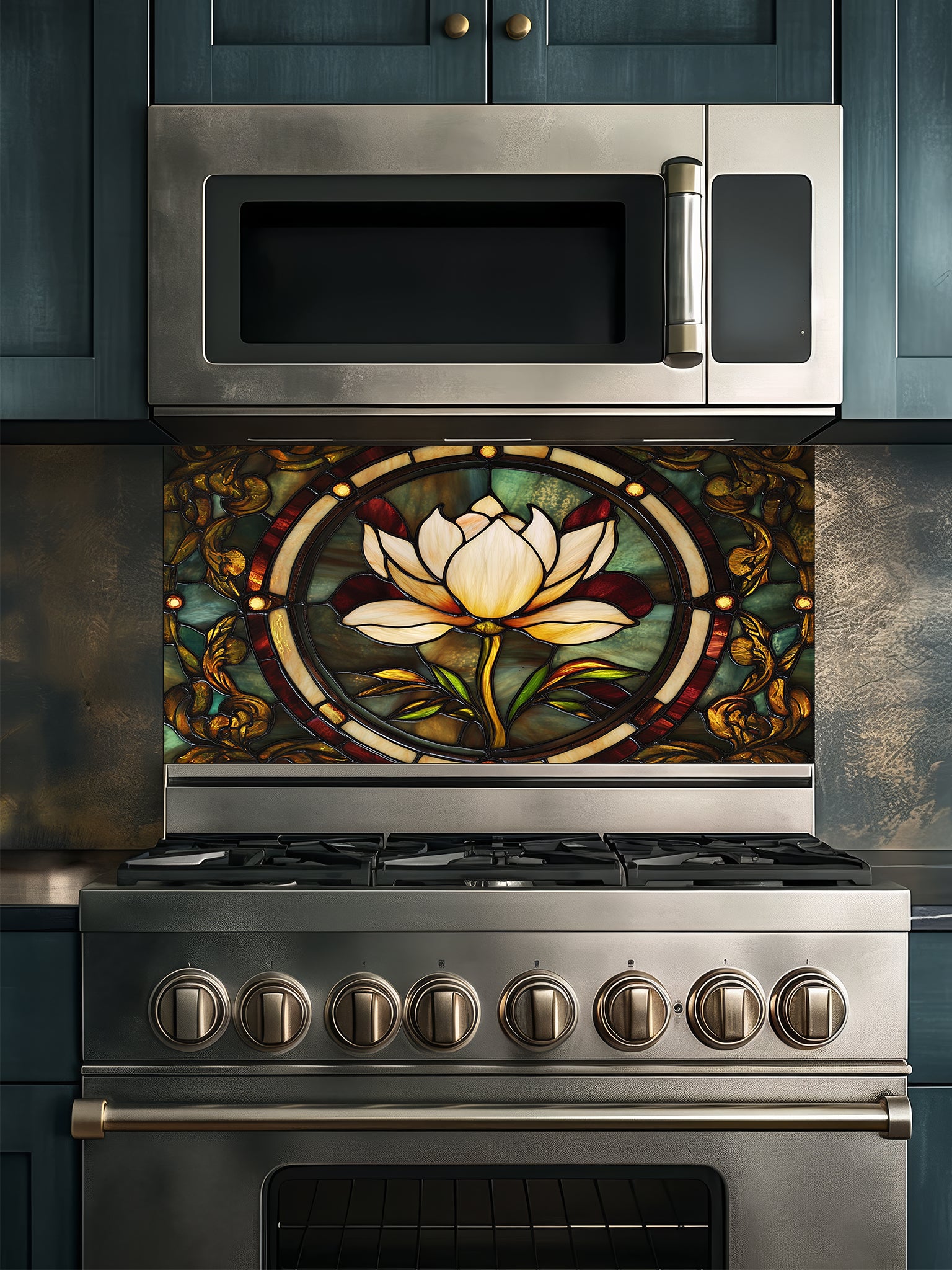 Tempered glass kitchen backsplash featuring a highly realistic faux stained glass design of a central white lotus flower surrounded by intricate Art Nouveau vines in rich emerald green and glowing amber tones, installed behind a modern stainless steel stove.