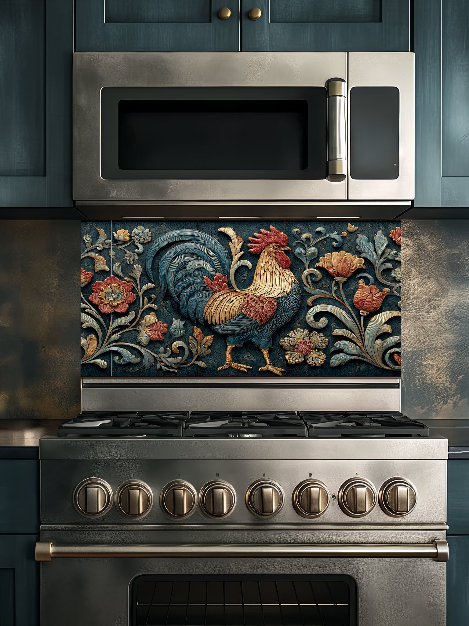 Faux 3D carved relief of a majestic rooster and floral motifs in teal and rust tones, UV printed on a smooth tempered glass kitchen backsplash.