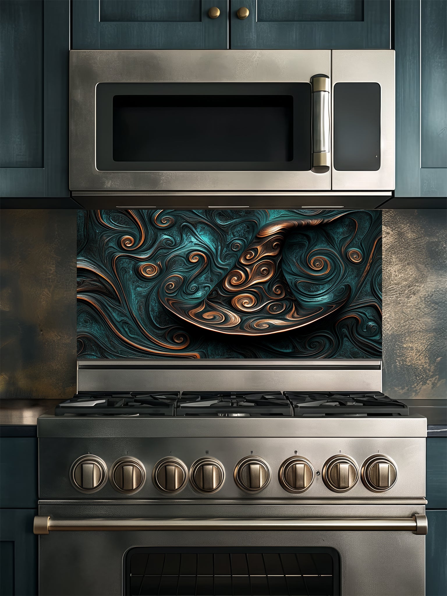 Tempered glass kitchen backsplash featuring a highly realistic 3D illusion of an abstract witch hat formed by smooth, mesmerizing fluid art and fractal swirls in deep teal and metallic copper, installed behind a modern black stove.