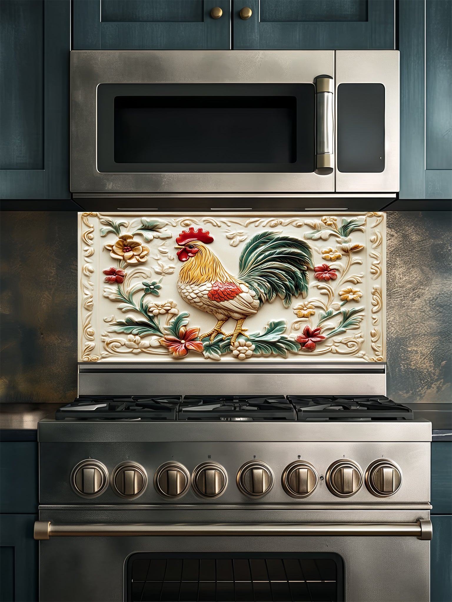Tempered glass kitchen backsplash featuring a highly realistic 3D illusion of a vintage embossed ceramic tile showing a proud rooster and rustic floral vines in red, green, and gold against a cream background, installed behind a modern stainless steel stove.
